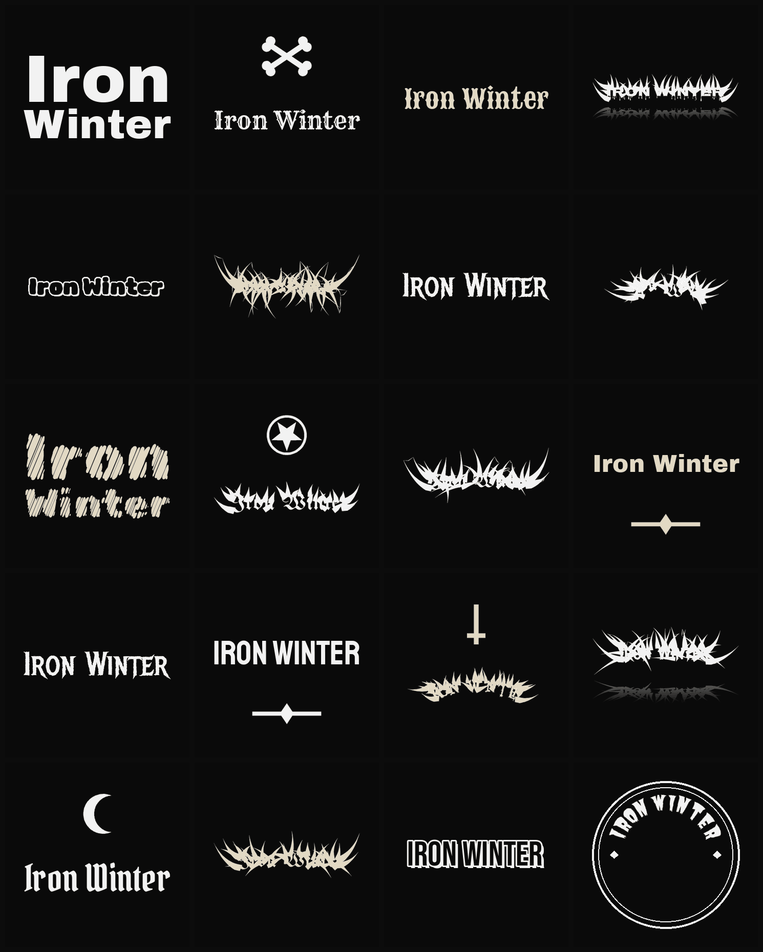 Twenty Iron Winter band logo ideas — different faces, treatments and spike settings