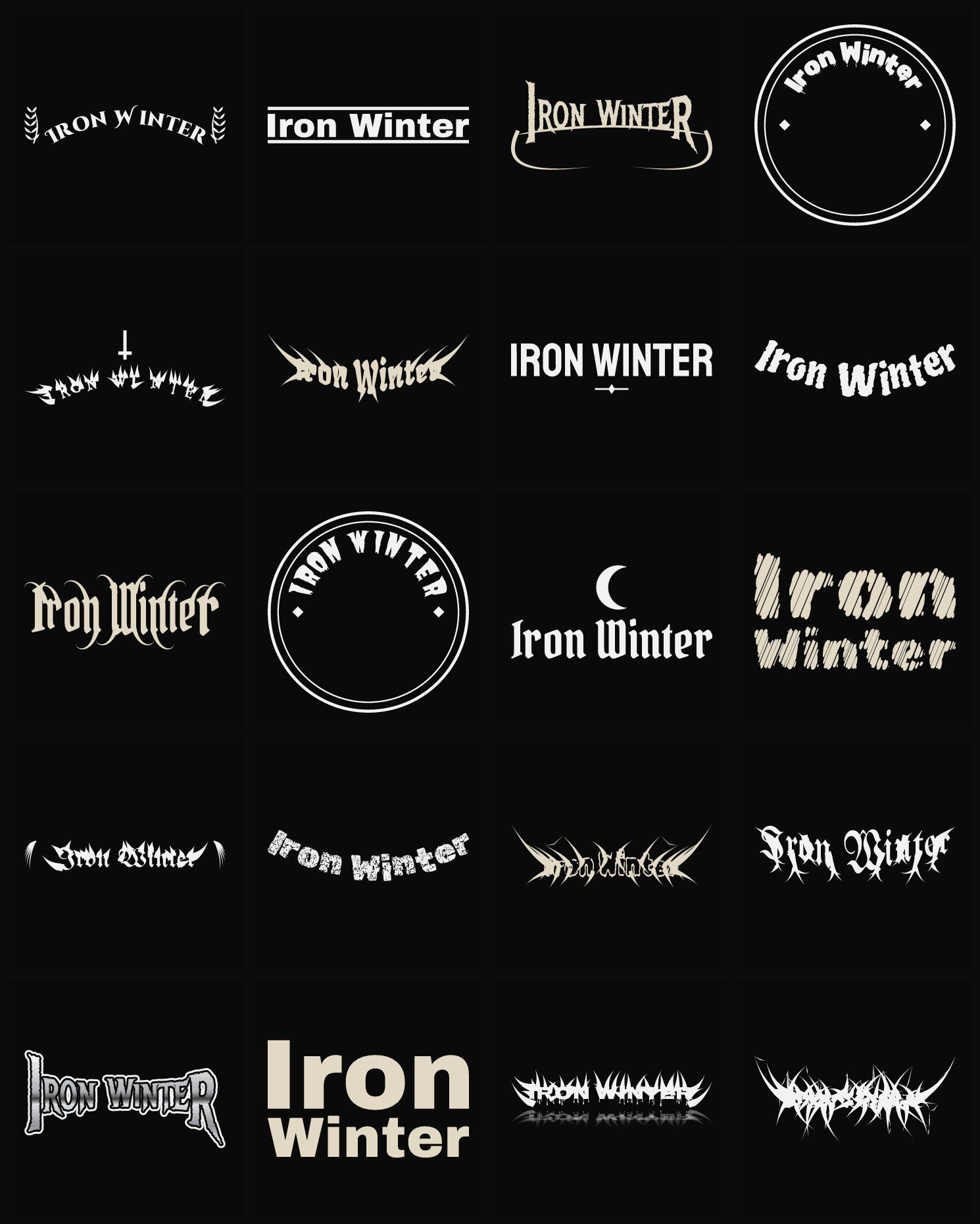 Twenty Iron Winter band logo ideas — different faces, treatments and spike settings