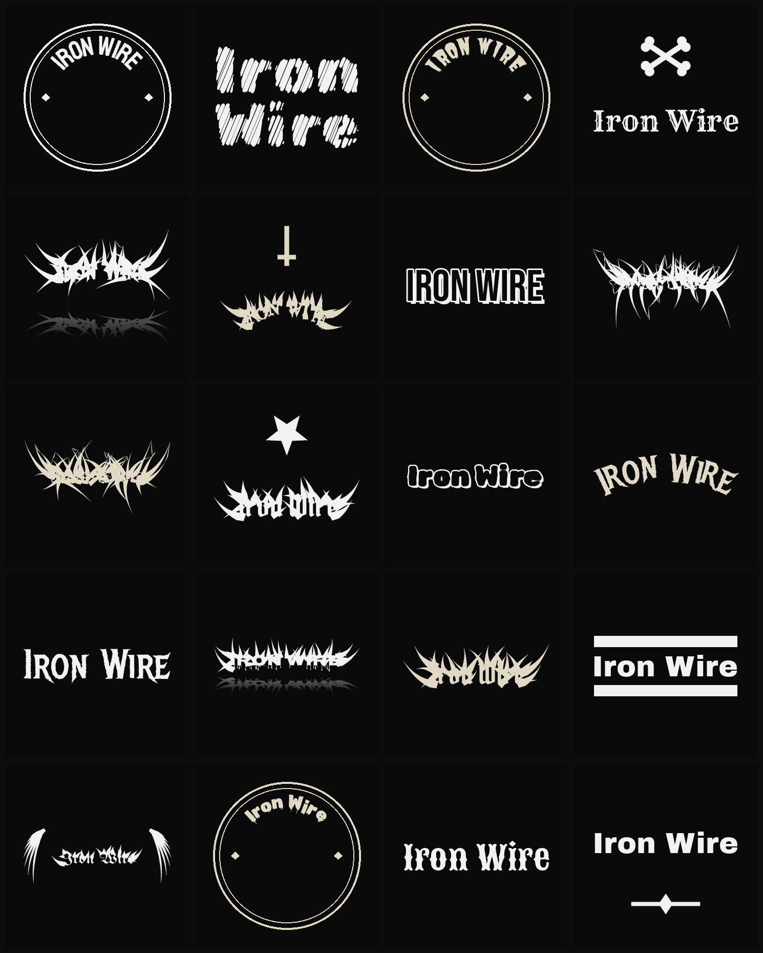 Twenty Iron Wire band logo ideas — different faces, treatments and spike settings