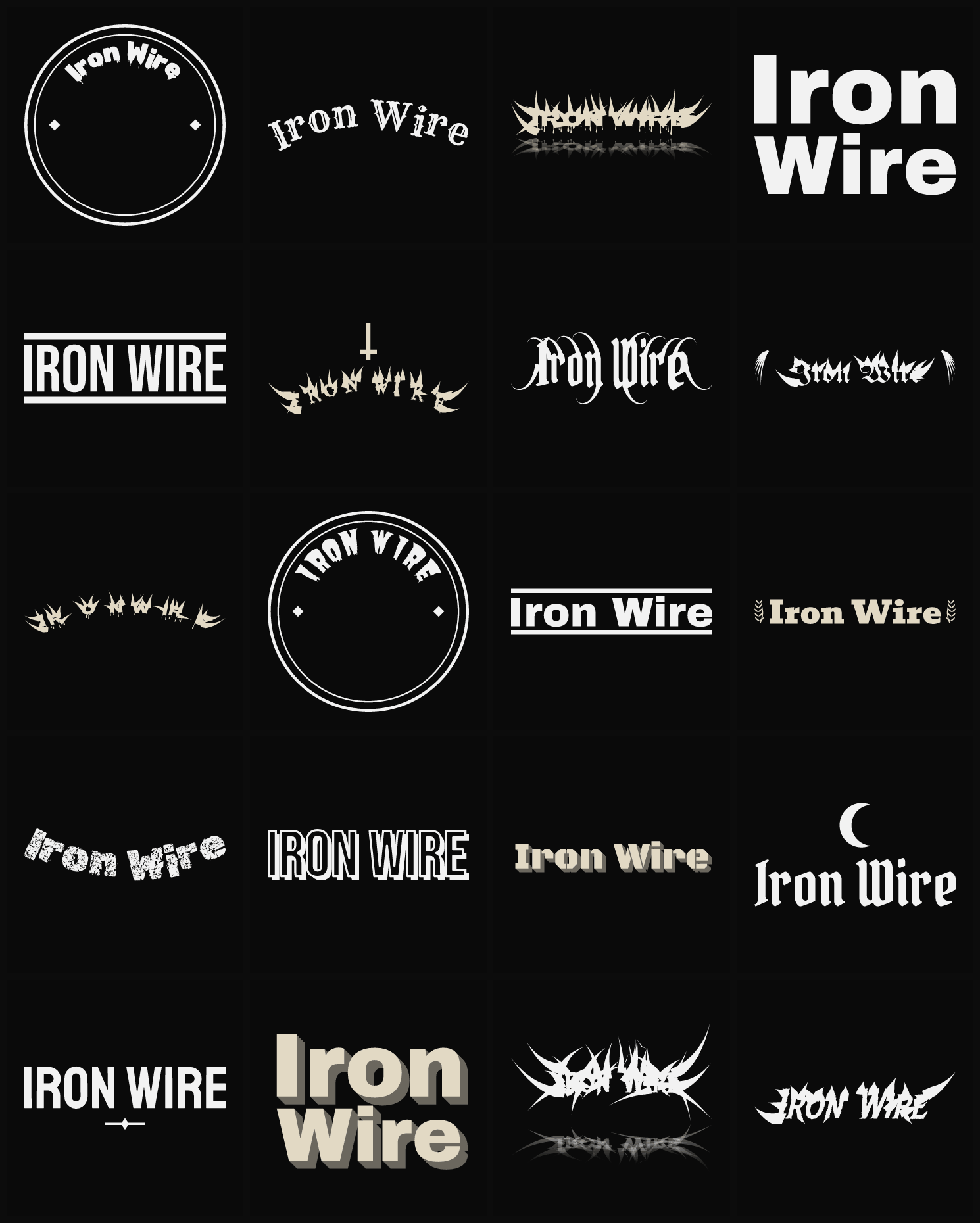 Twenty Iron Wire band logo ideas — different faces, treatments and spike settings