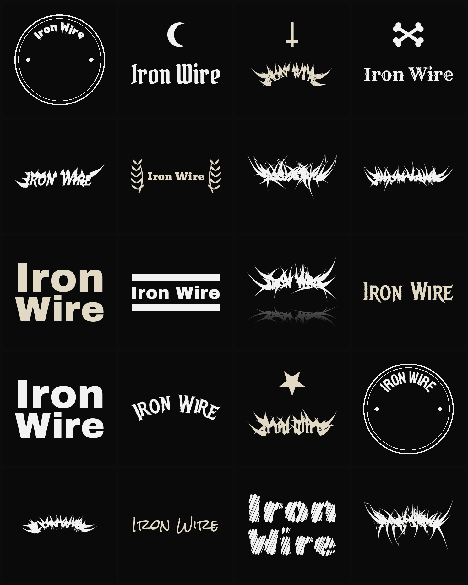 Twenty Iron Wire band logo ideas — different faces, treatments and spike settings