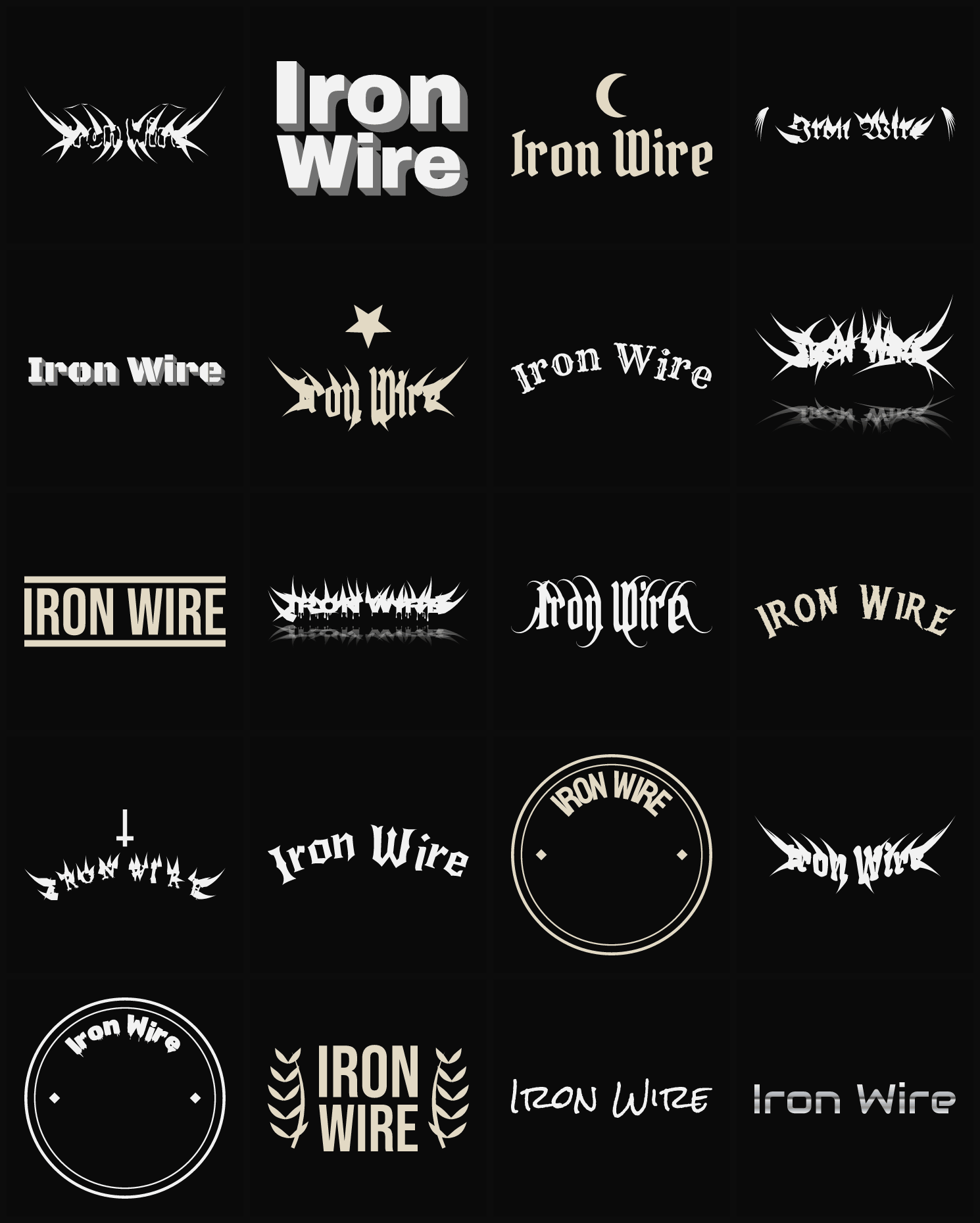 Twenty Iron Wire band logo ideas — different faces, treatments and spike settings