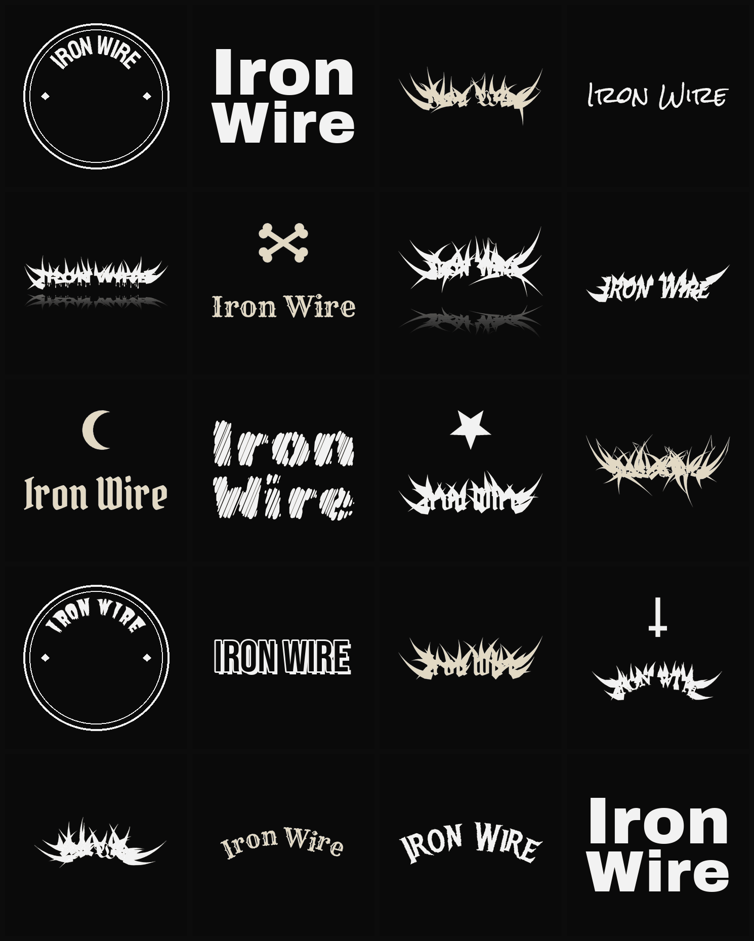 Twenty Iron Wire band logo ideas — different faces, treatments and spike settings