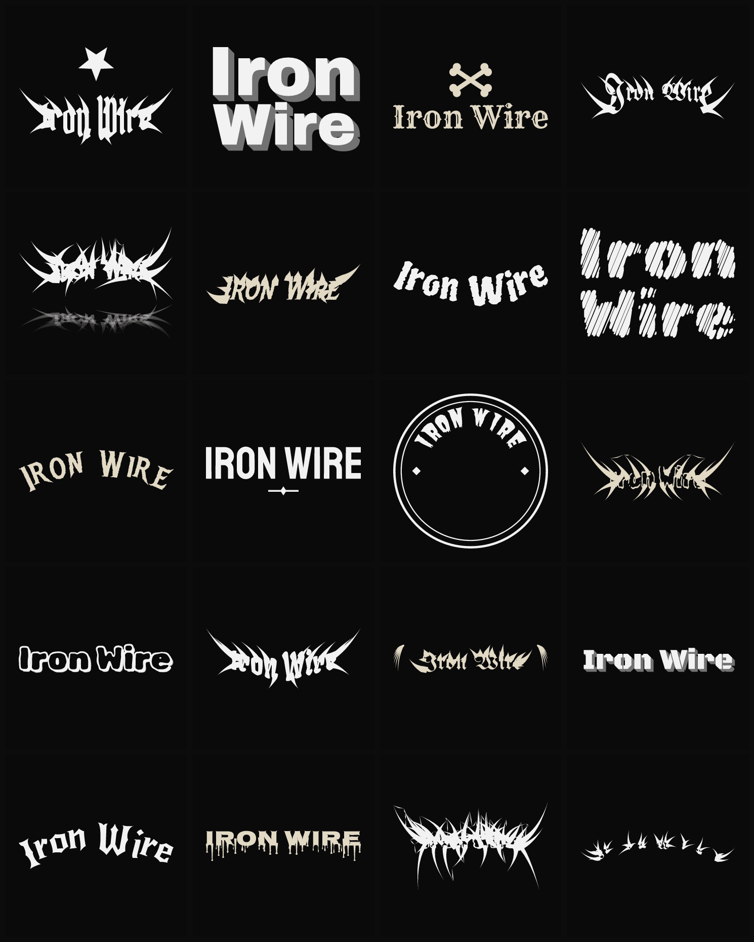 Twenty Iron Wire band logo ideas — different faces, treatments and spike settings