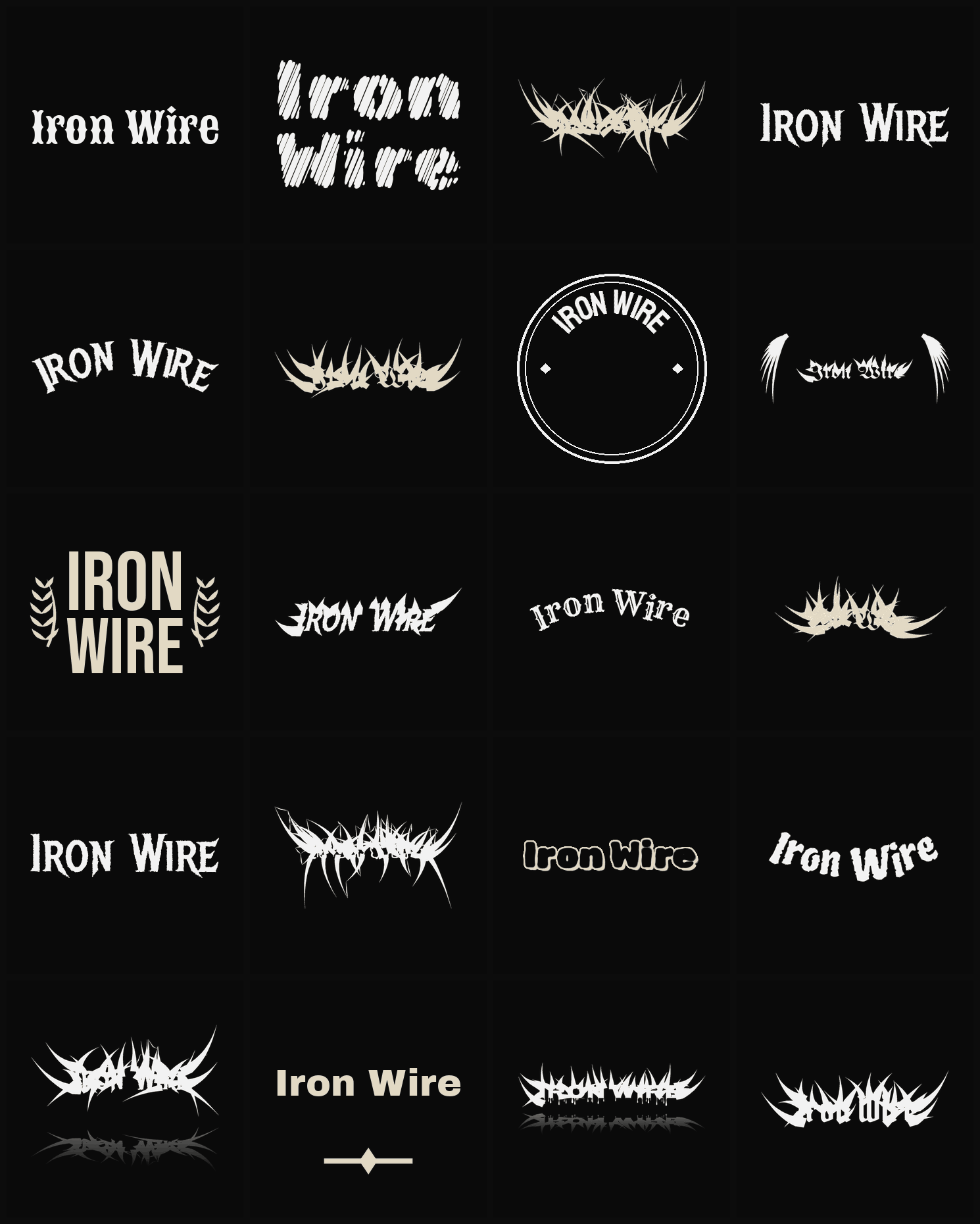 Twenty Iron Wire band logo ideas — different faces, treatments and spike settings