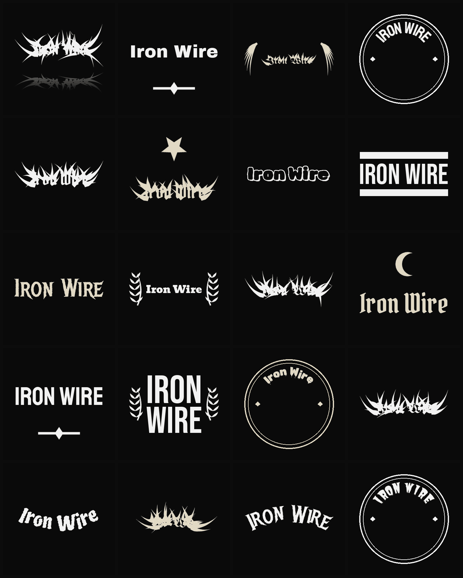 Twenty Iron Wire band logo ideas — different faces, treatments and spike settings