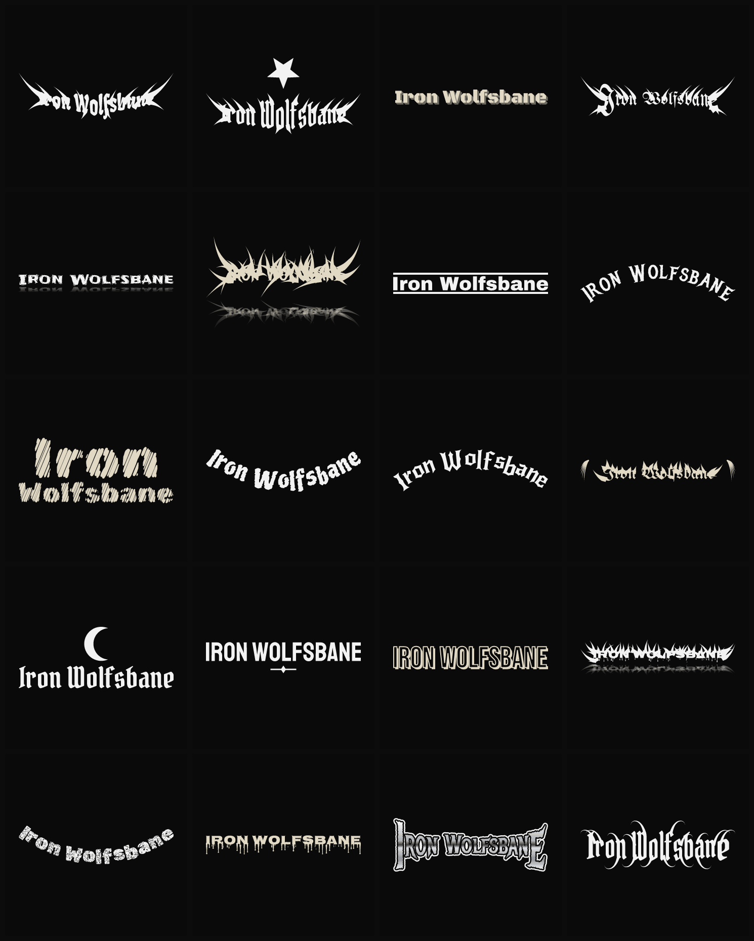 Twenty Iron Wolfsbane band logo ideas — different faces, treatments and spike settings