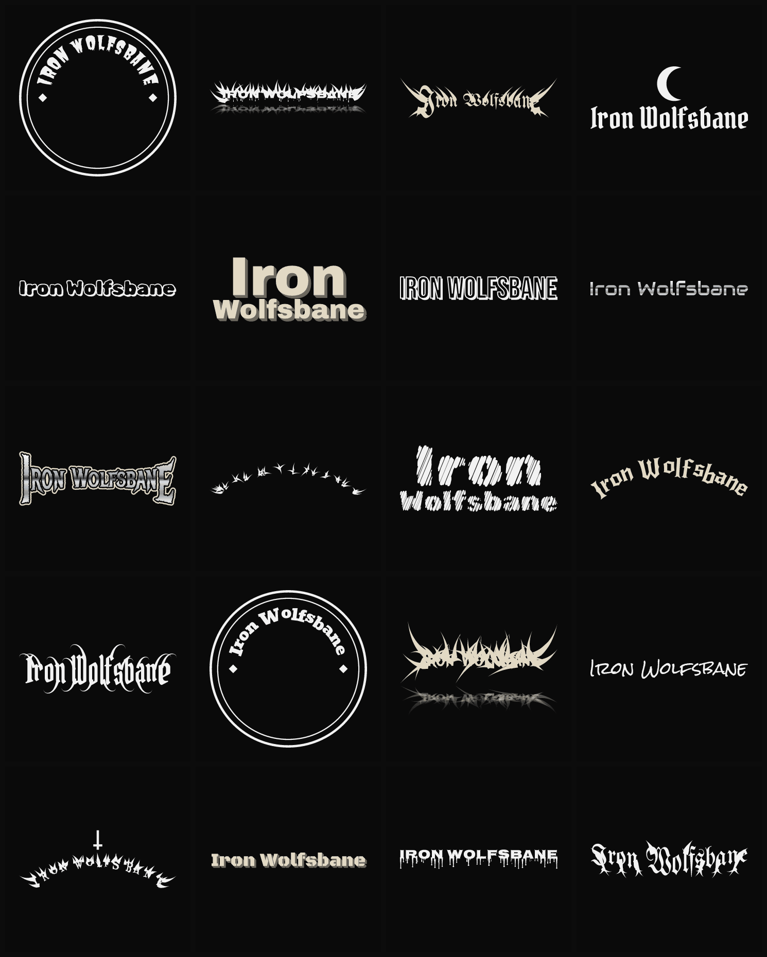 Twenty Iron Wolfsbane band logo ideas — different faces, treatments and spike settings