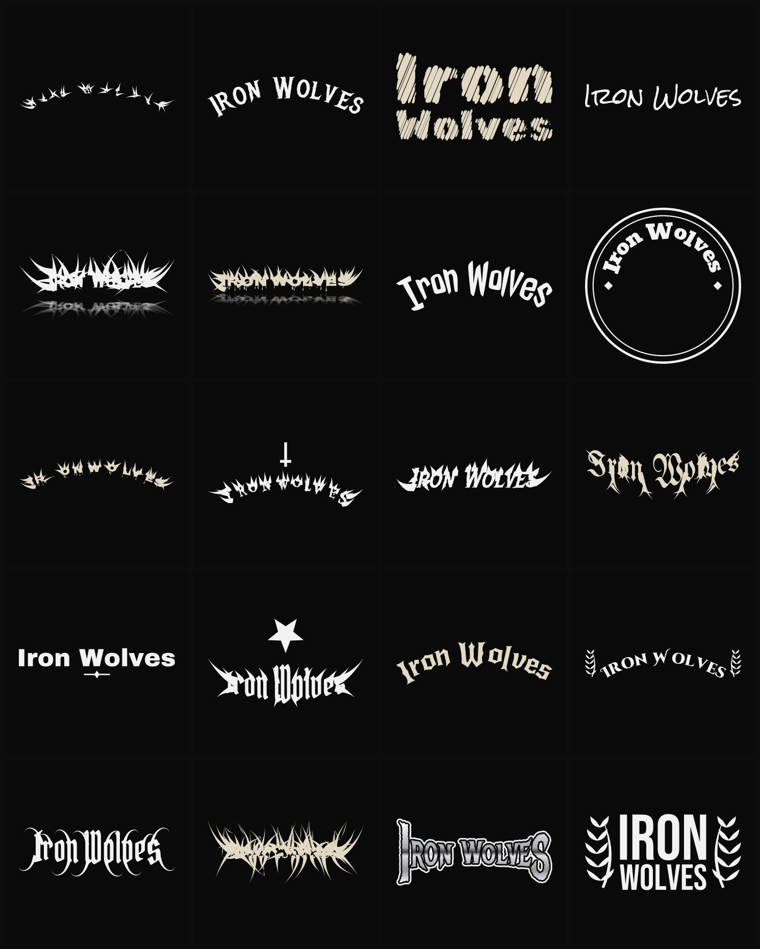 Twenty Iron Wolves band logo ideas — different faces, treatments and spike settings