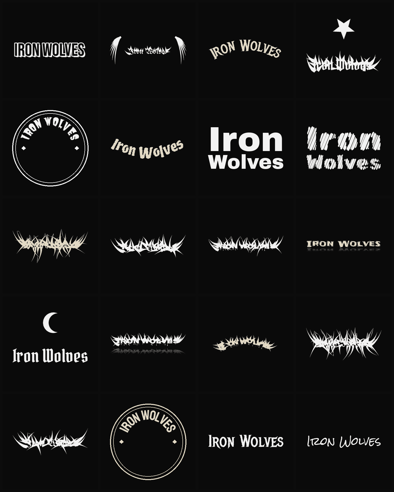 Twenty Iron Wolves band logo ideas — different faces, treatments and spike settings