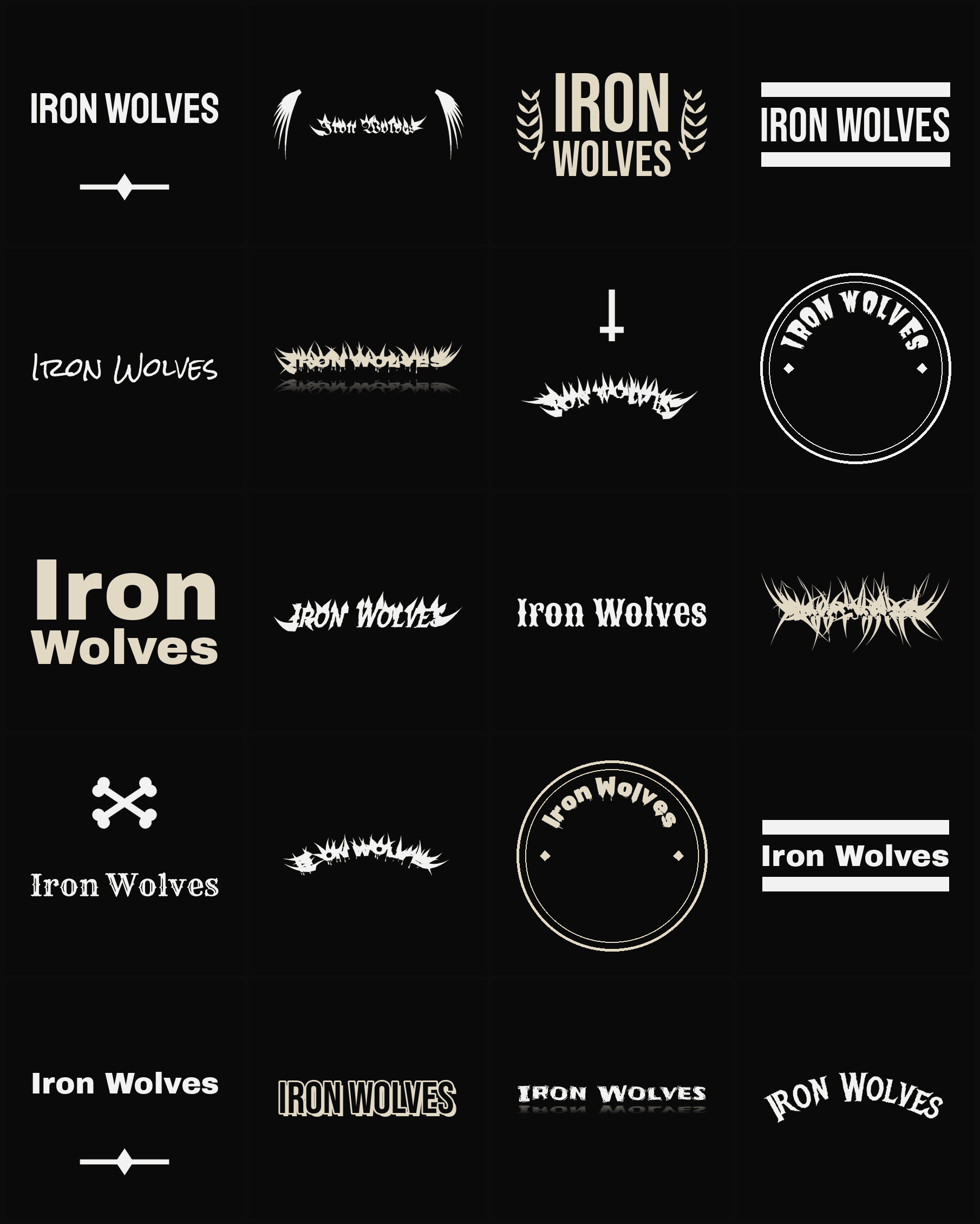 Twenty Iron Wolves band logo ideas — different faces, treatments and spike settings