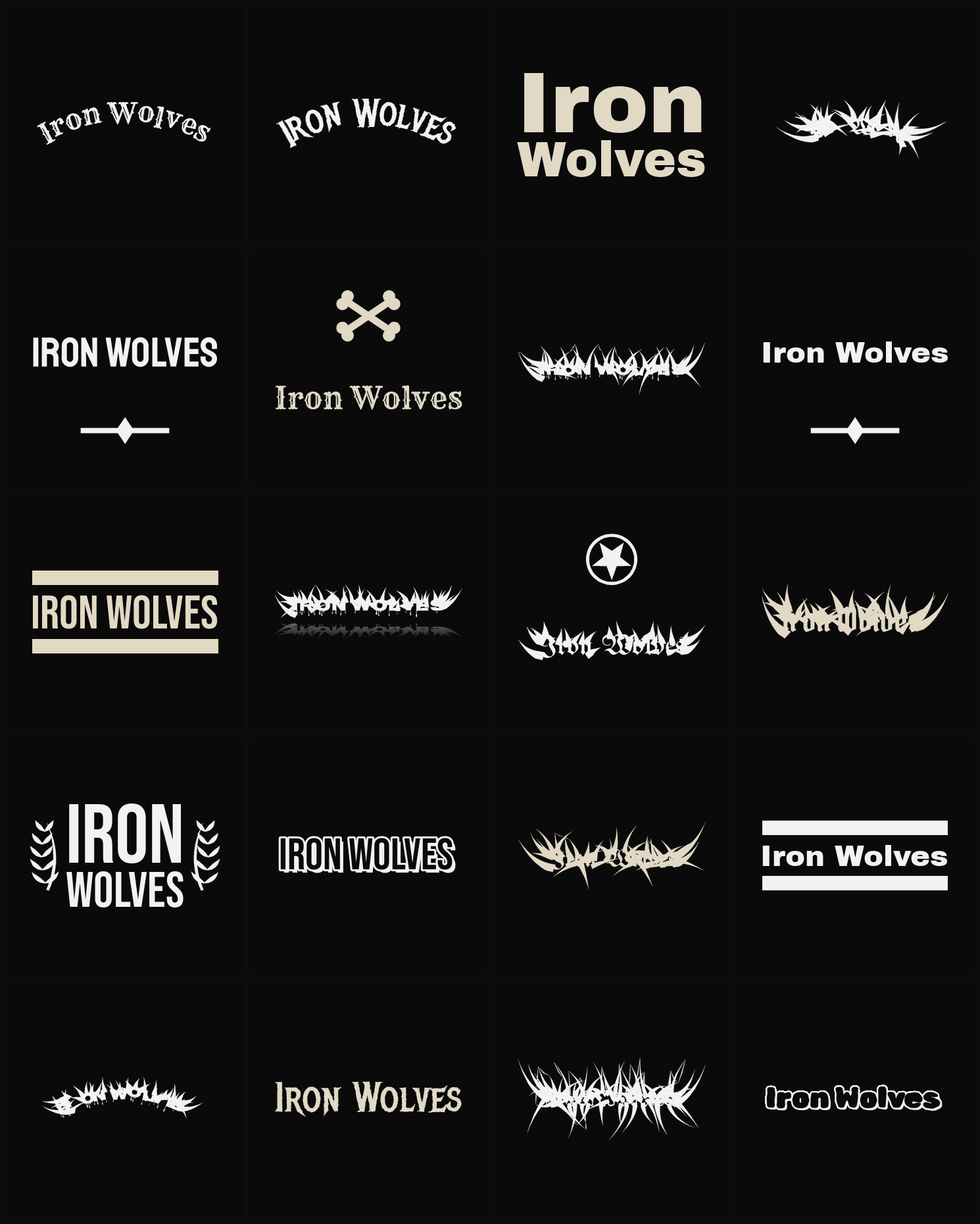 Twenty Iron Wolves band logo ideas — different faces, treatments and spike settings
