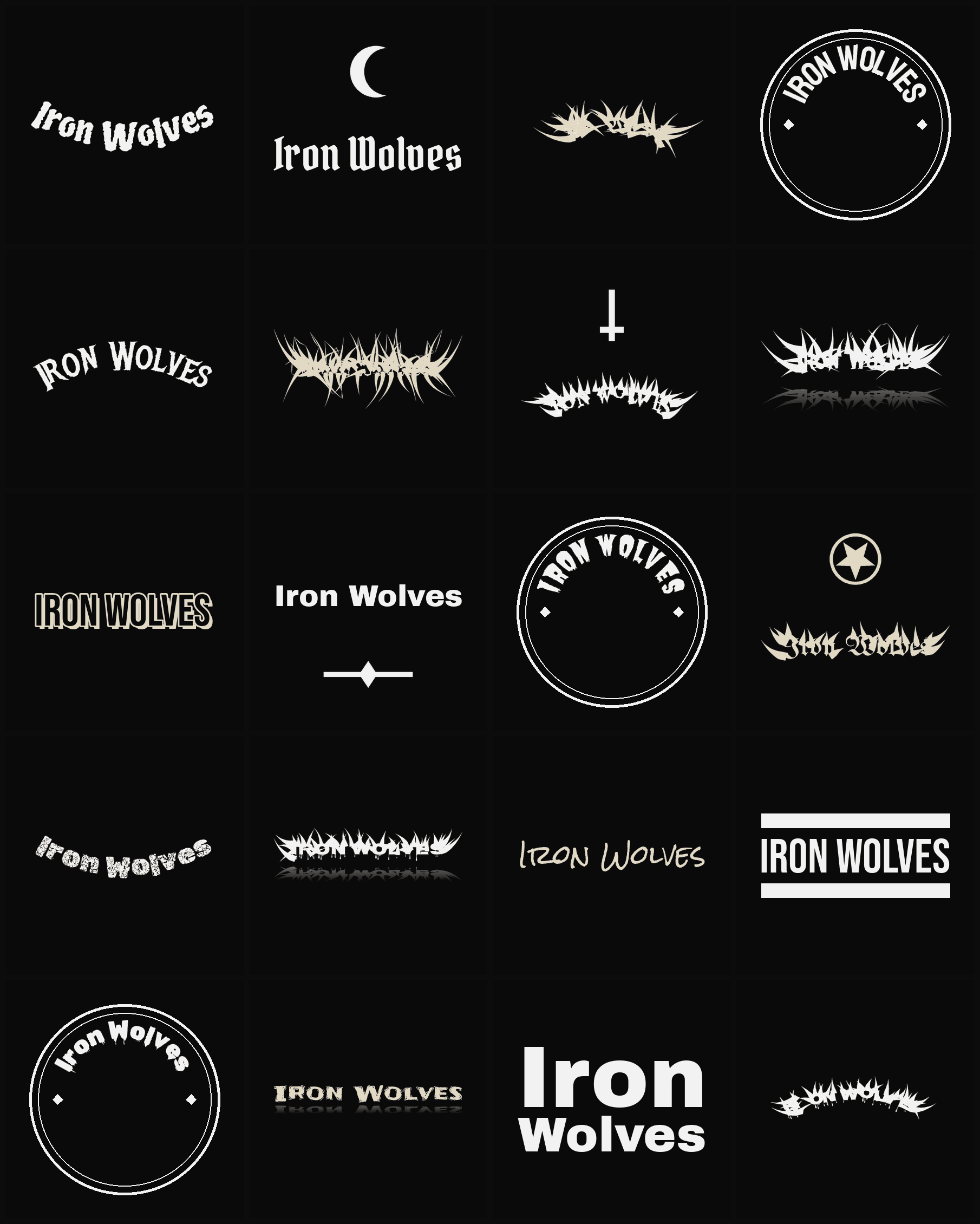 Twenty Iron Wolves band logo ideas — different faces, treatments and spike settings