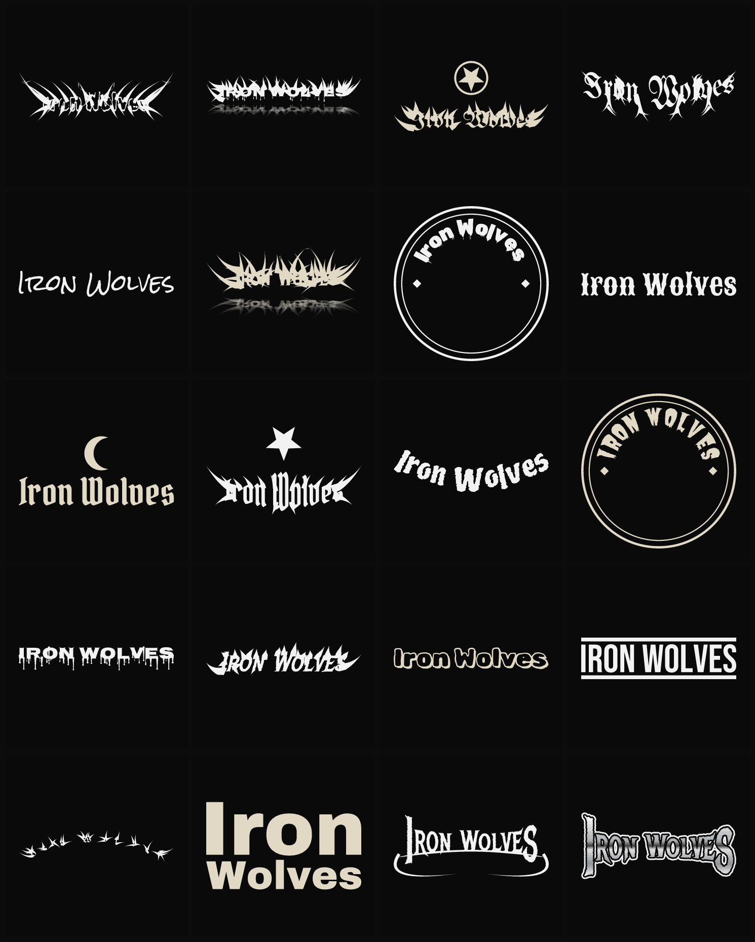 Twenty Iron Wolves band logo ideas — different faces, treatments and spike settings