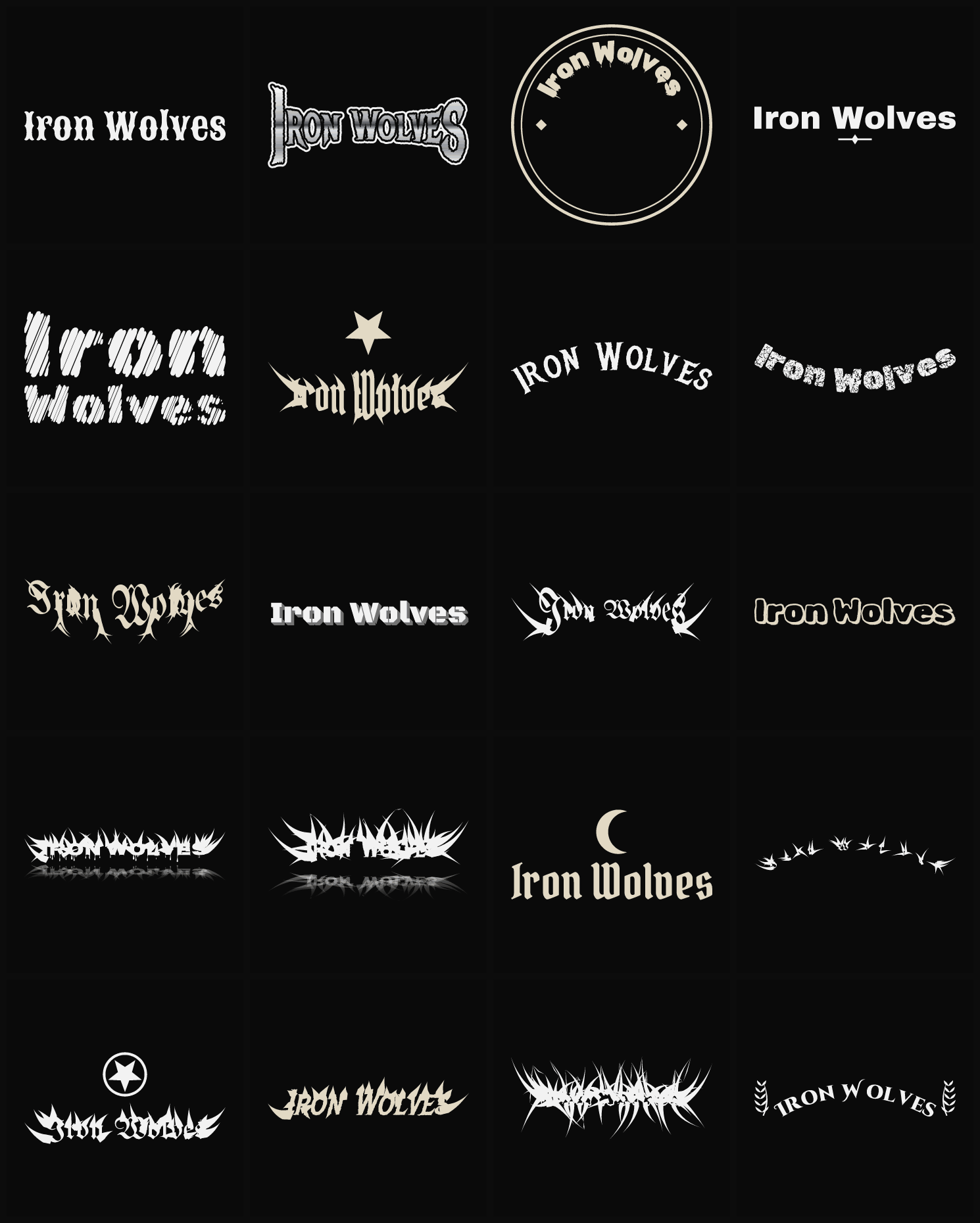 Twenty Iron Wolves band logo ideas — different faces, treatments and spike settings