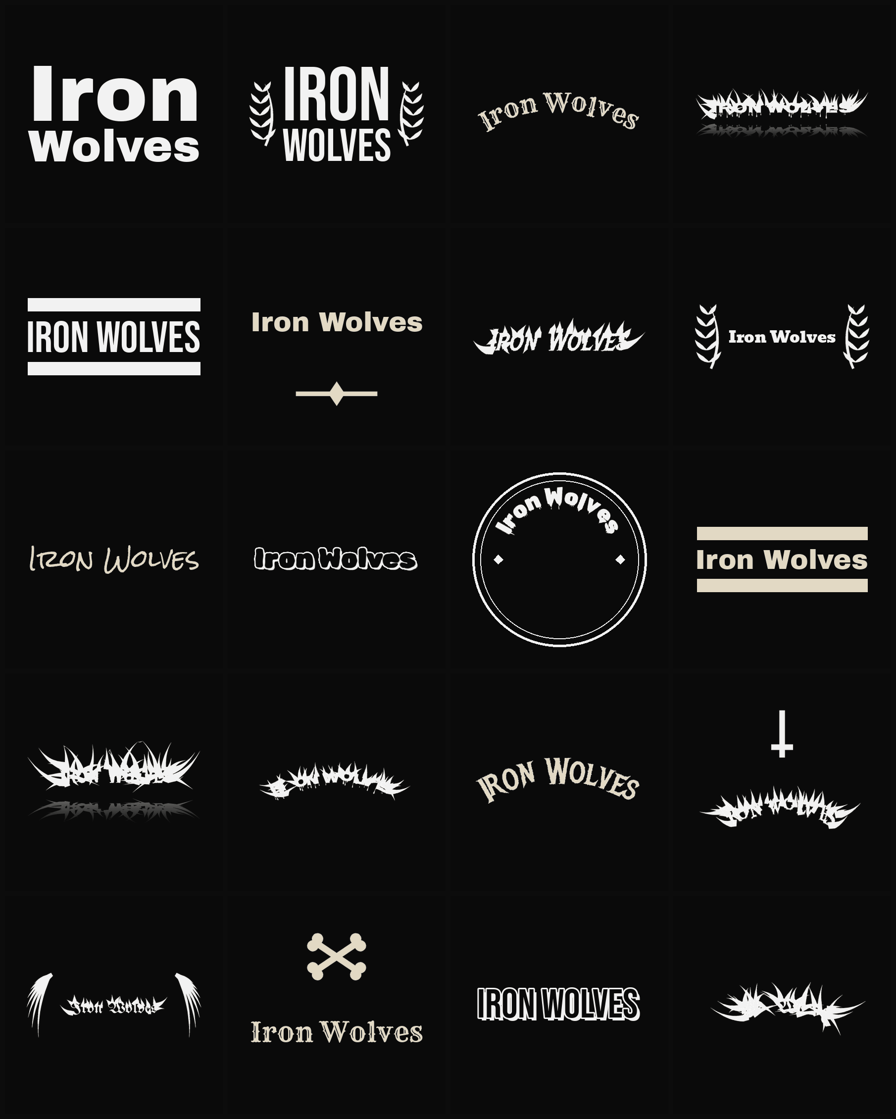 Twenty Iron Wolves band logo ideas — different faces, treatments and spike settings