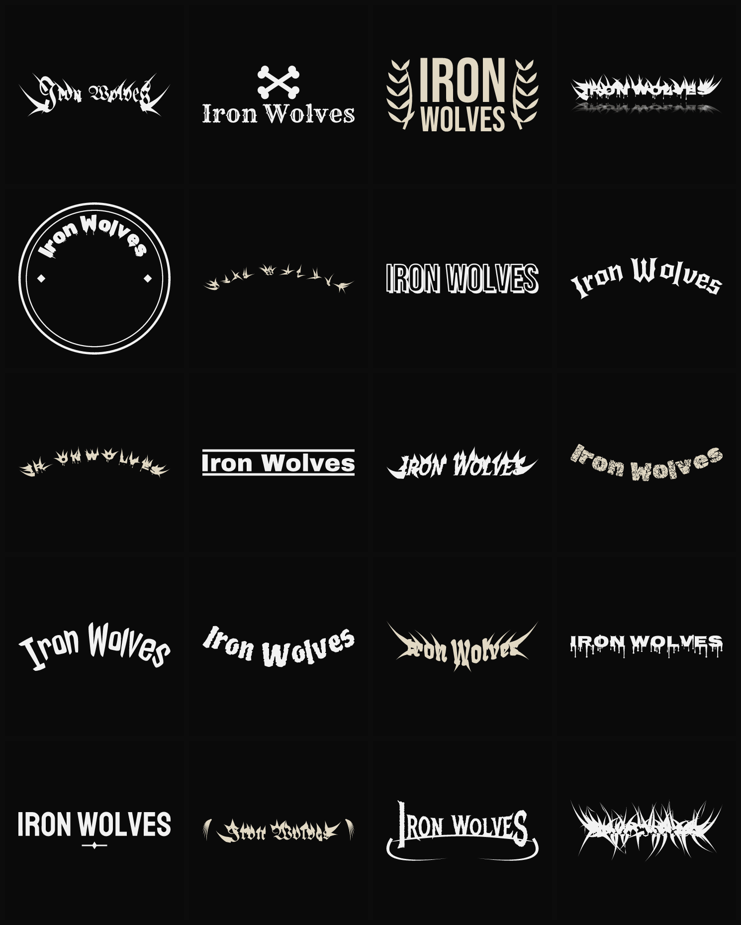 Twenty Iron Wolves band logo ideas — different faces, treatments and spike settings