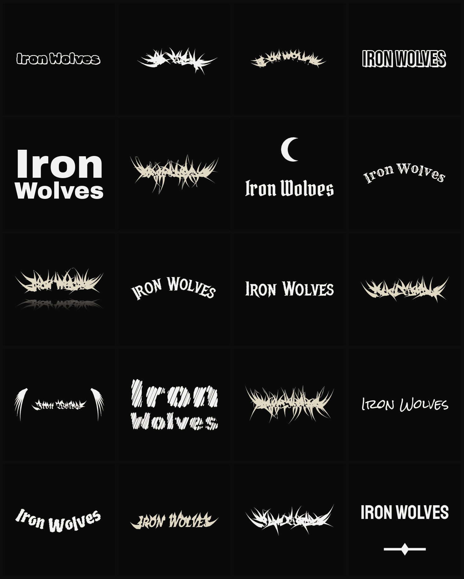 Twenty Iron Wolves band logo ideas — different faces, treatments and spike settings