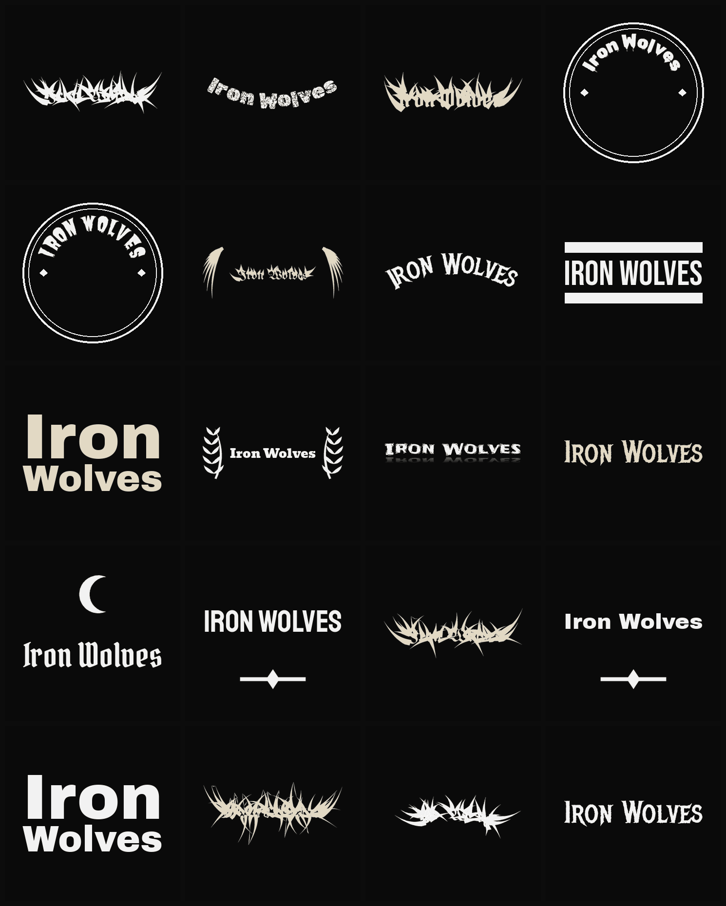 Twenty Iron Wolves band logo ideas — different faces, treatments and spike settings