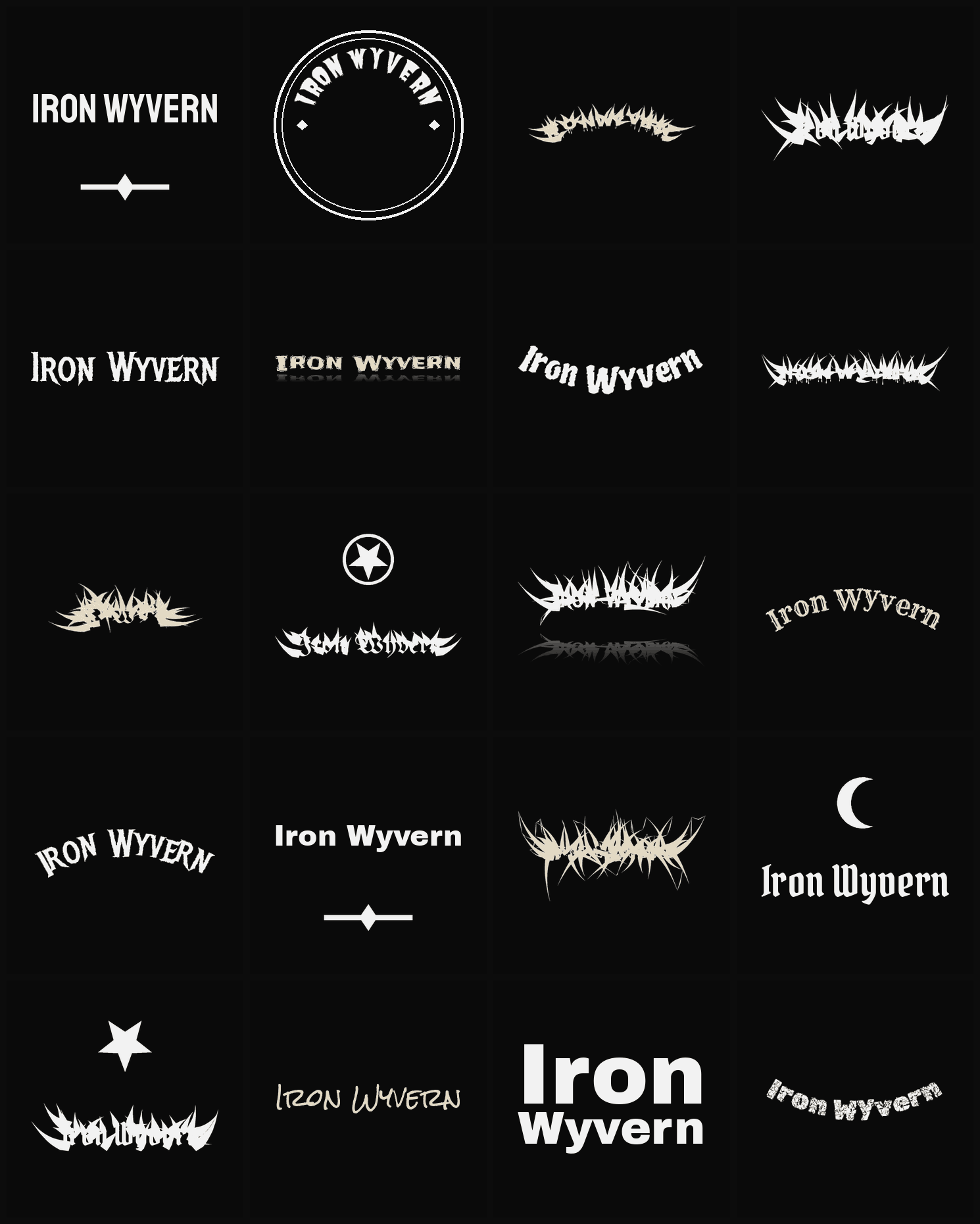 Twenty Iron Wyvern band logo ideas — different faces, treatments and spike settings