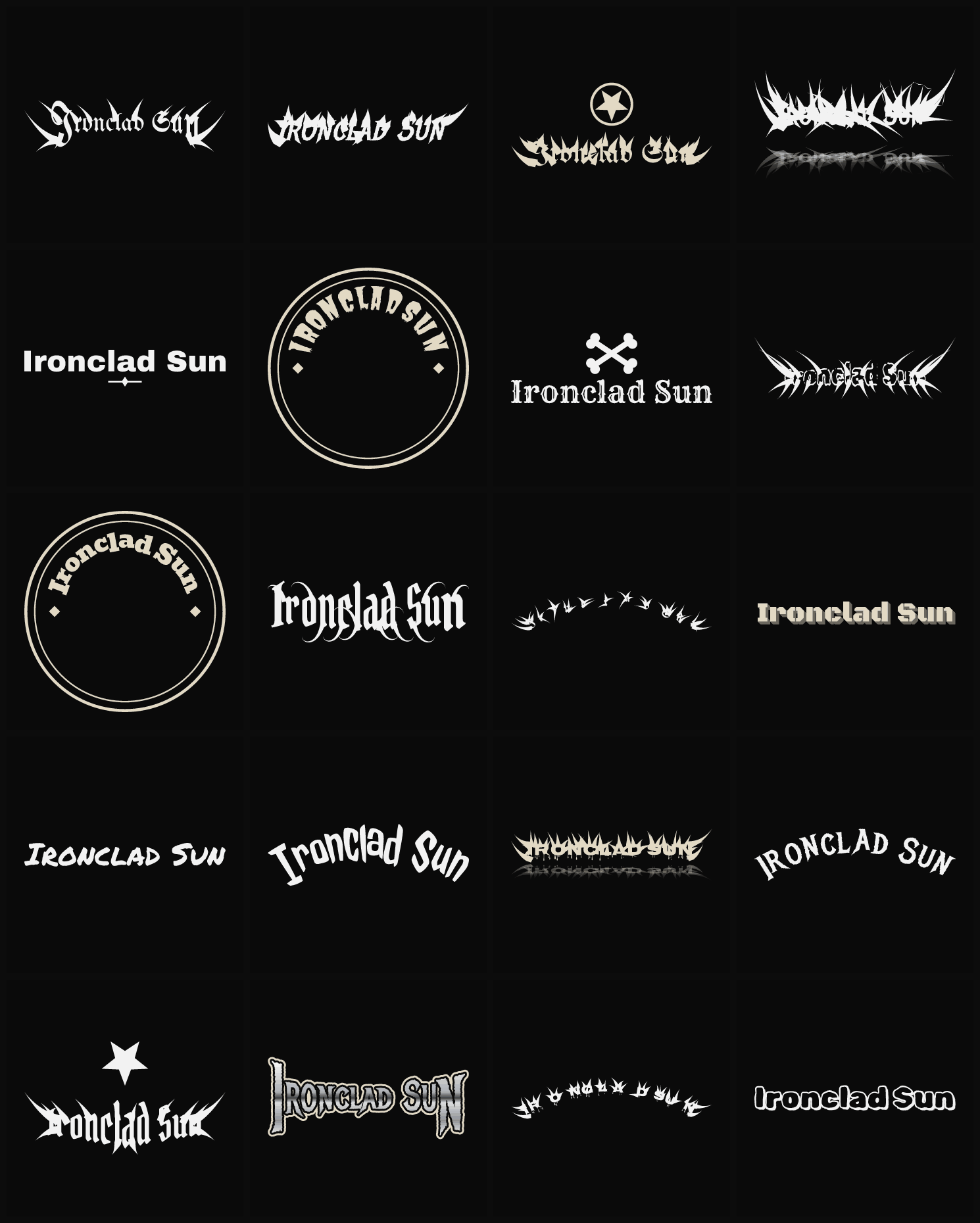 Twenty Ironclad Sun band logo ideas — different faces, treatments and spike settings