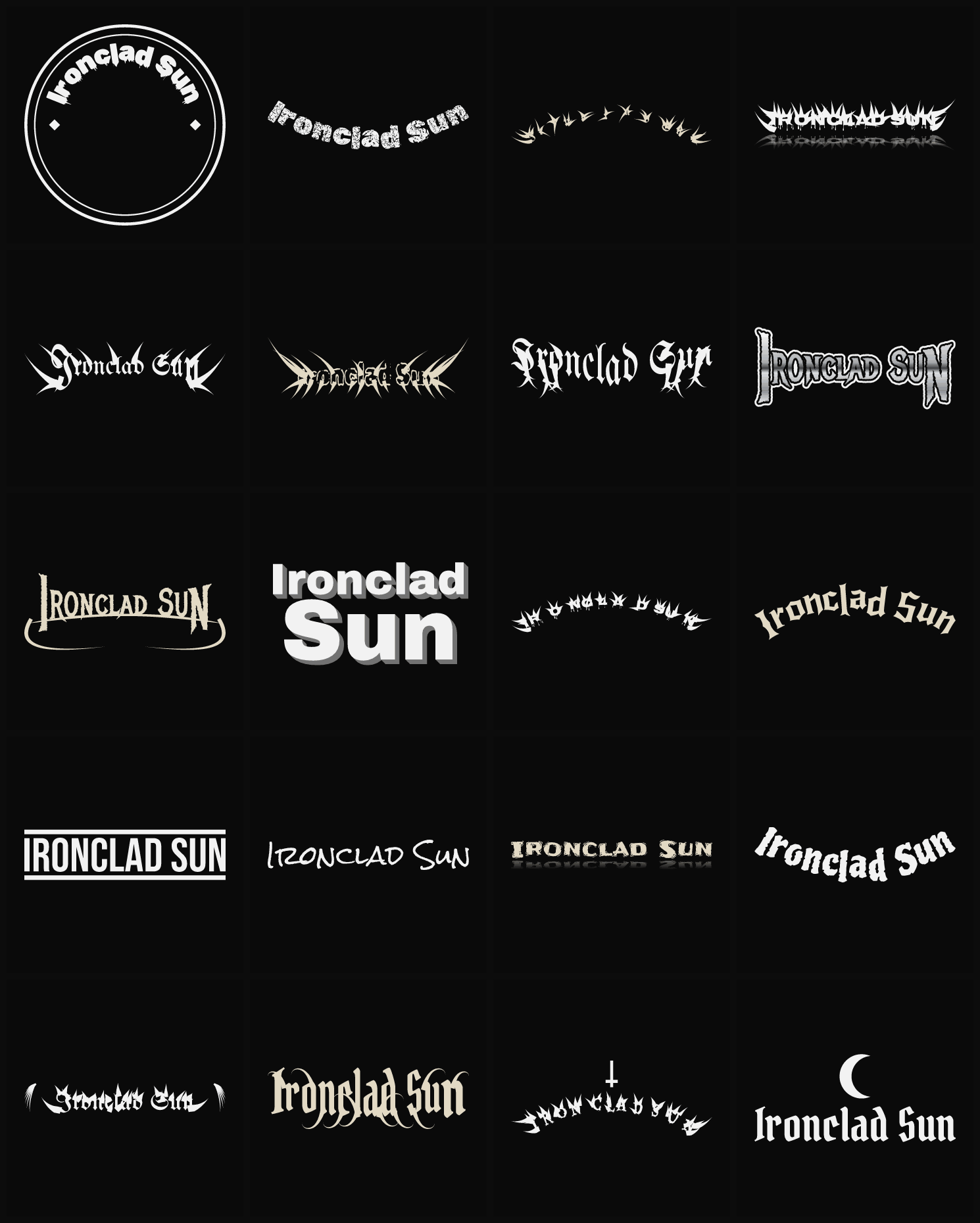 Twenty Ironclad Sun band logo ideas — different faces, treatments and spike settings