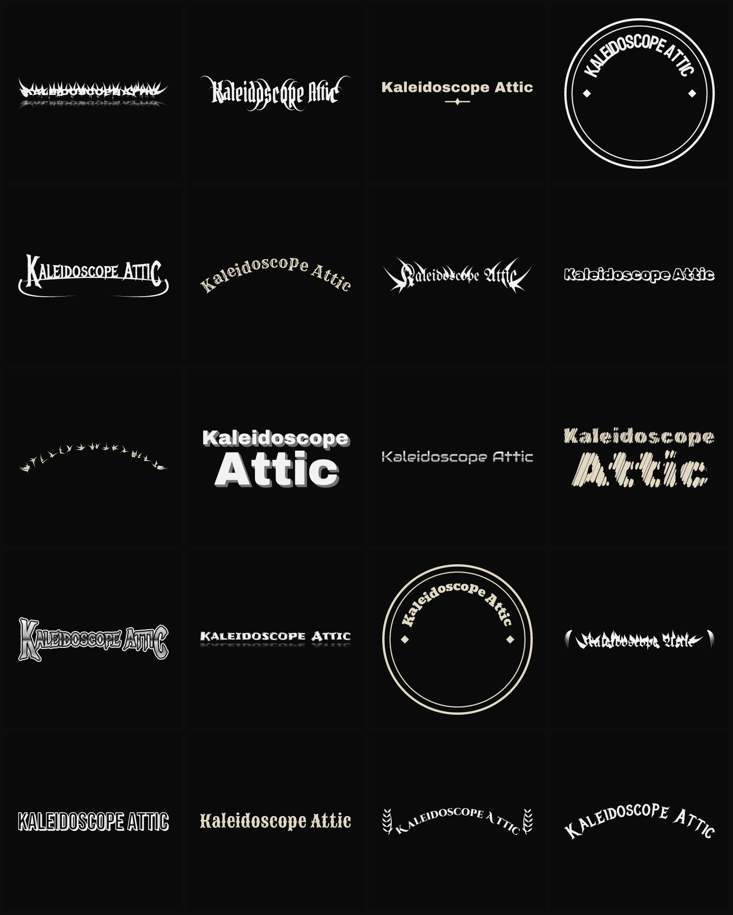 Twenty Kaleidoscope Attic band logo ideas — different faces, treatments and spike settings
