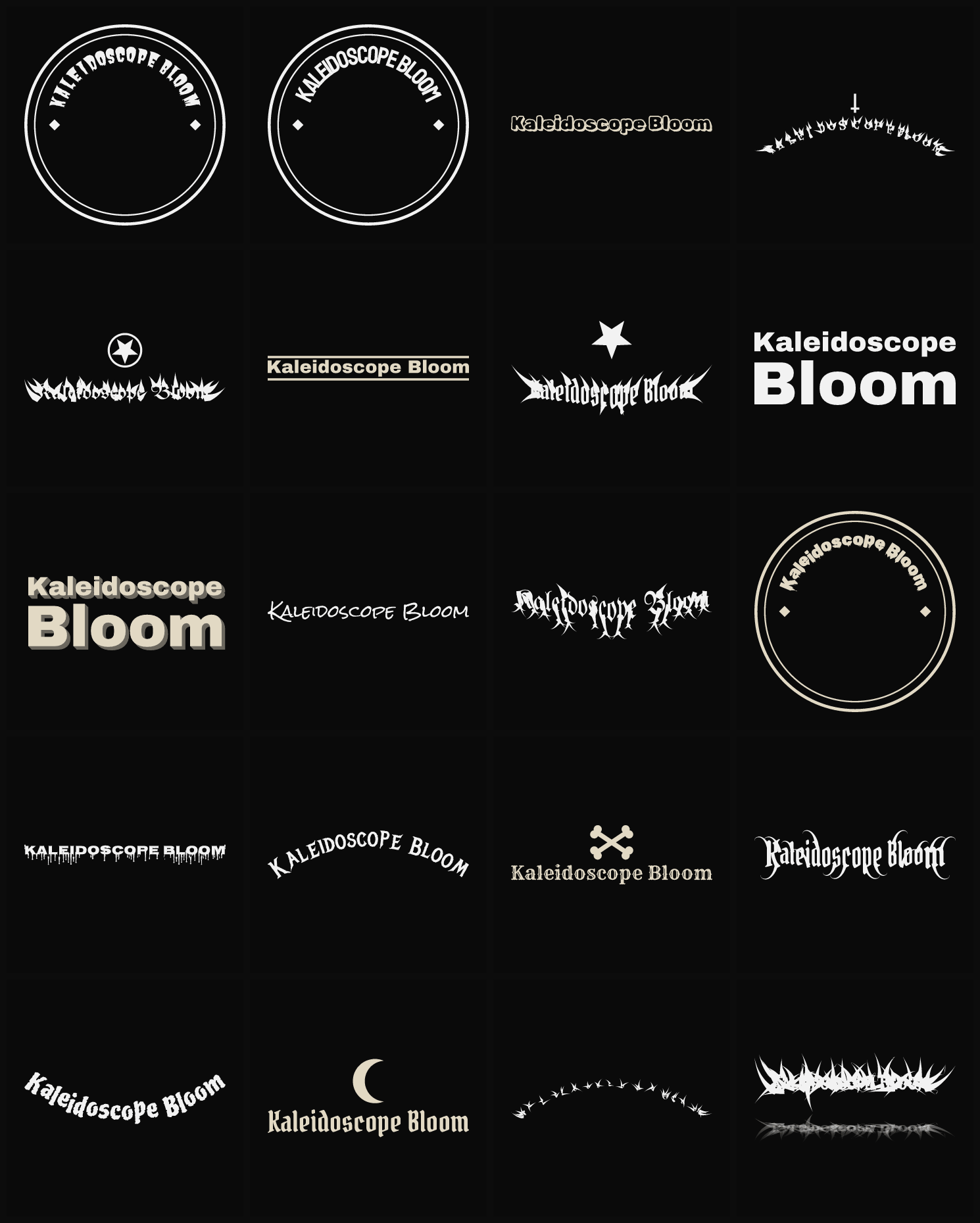 Twenty Kaleidoscope Bloom band logo ideas — different faces, treatments and spike settings
