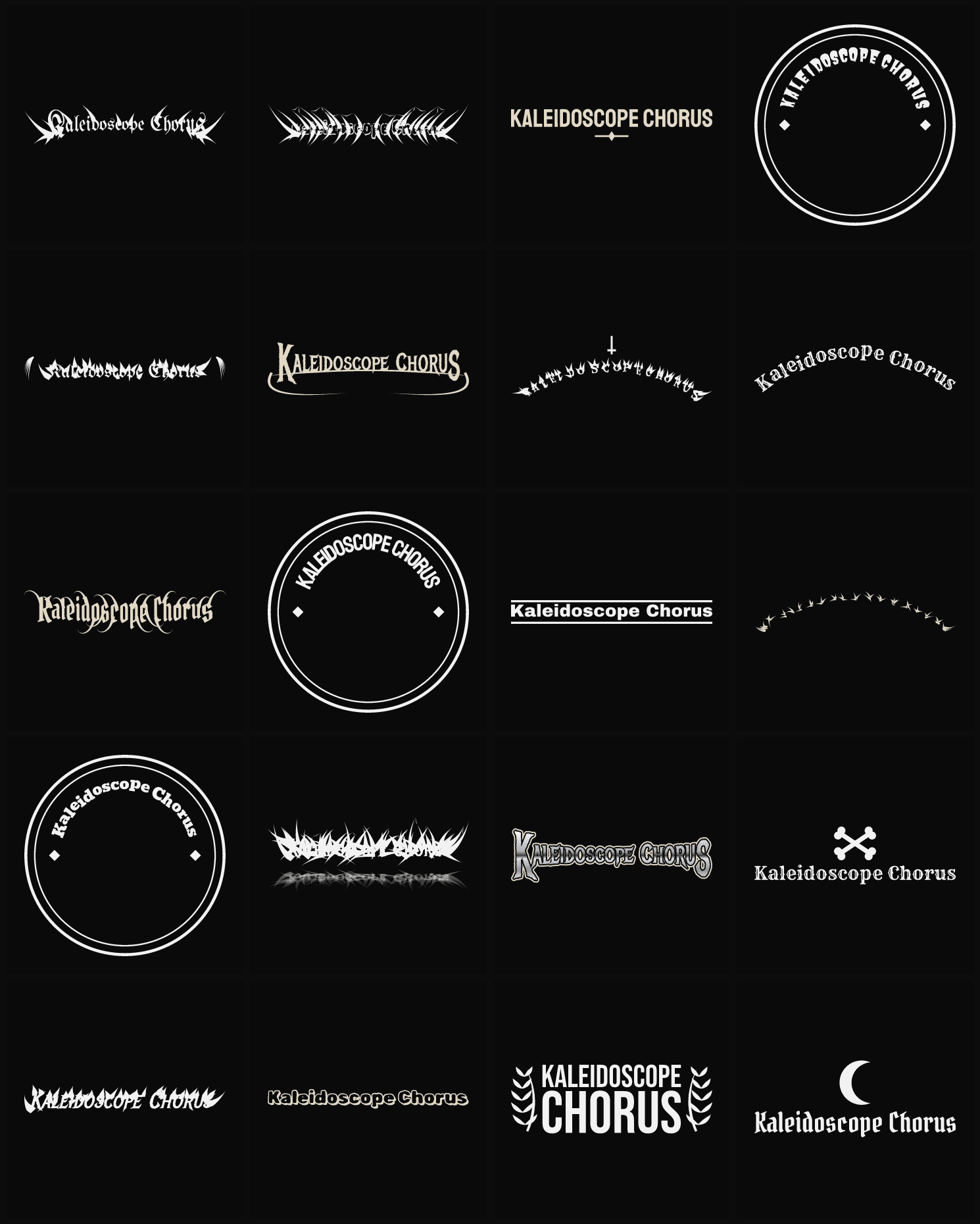 Twenty Kaleidoscope Chorus band logo ideas — different faces, treatments and spike settings