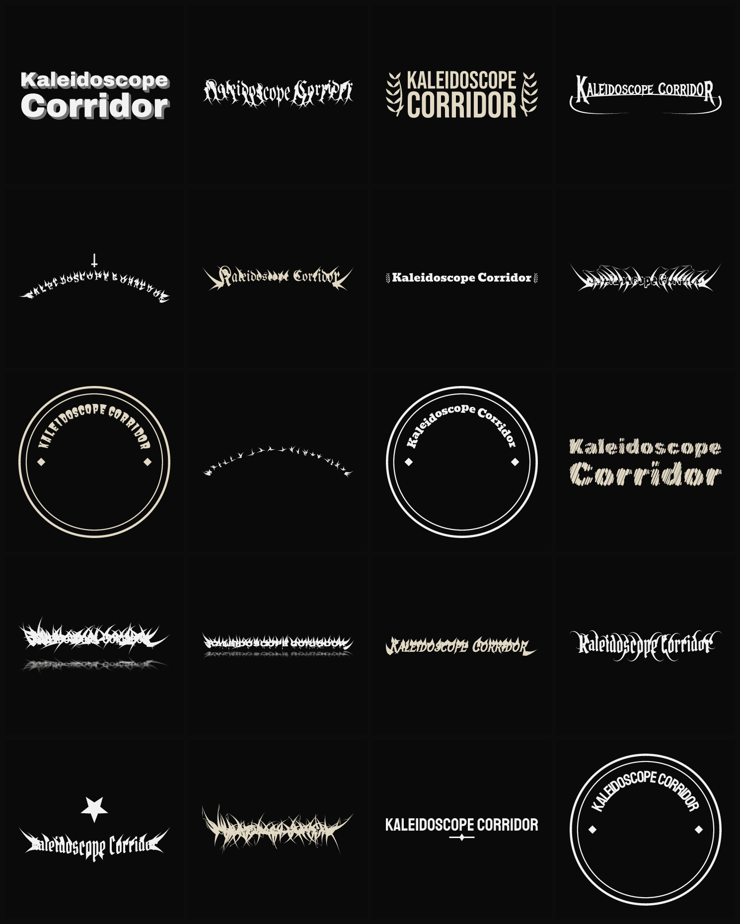 Twenty Kaleidoscope Corridor band logo ideas — different faces, treatments and spike settings