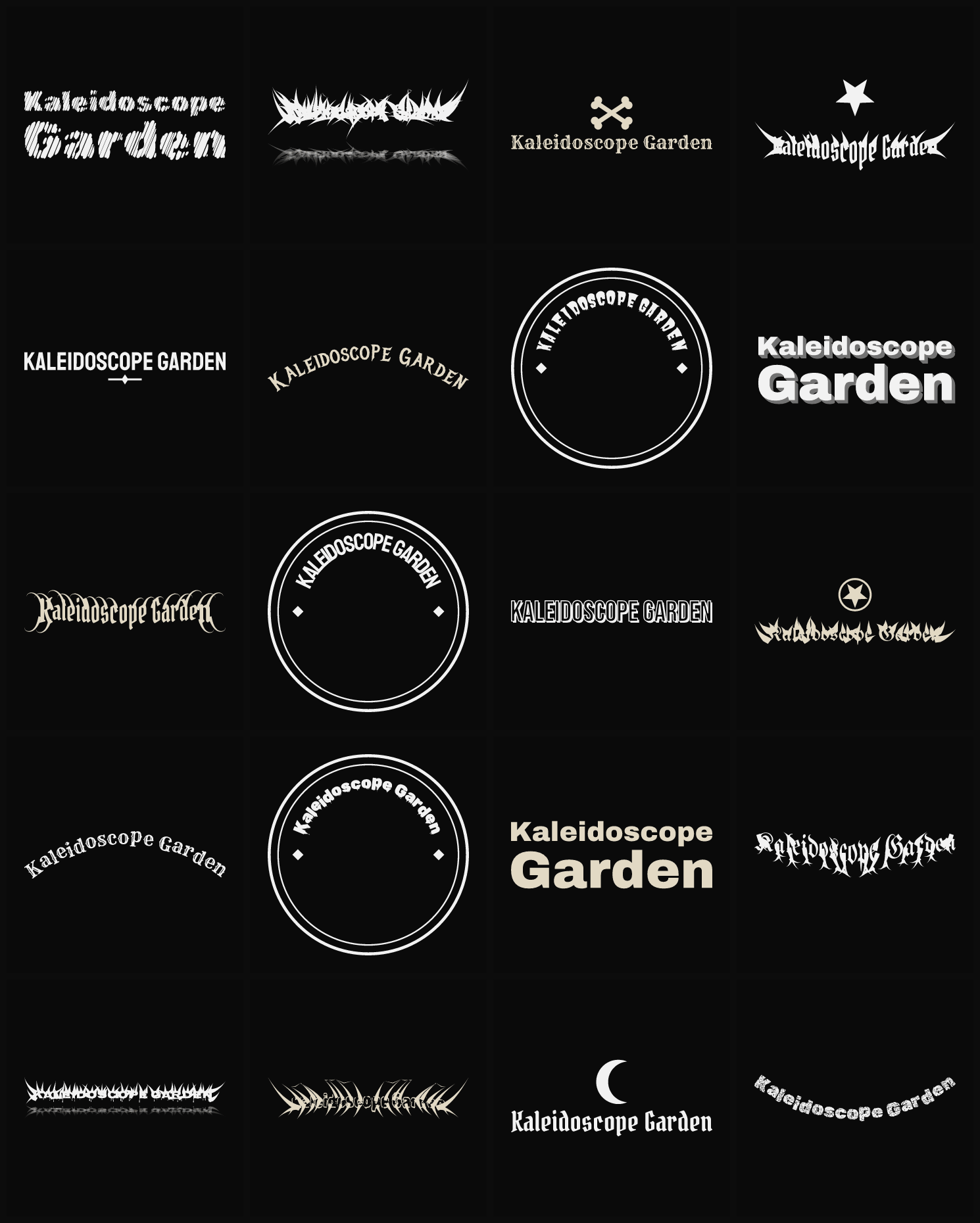 Twenty Kaleidoscope Garden band logo ideas — different faces, treatments and spike settings