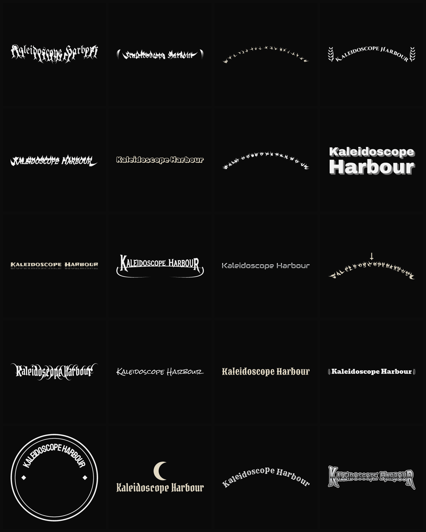 Twenty Kaleidoscope Harbour band logo ideas — different faces, treatments and spike settings