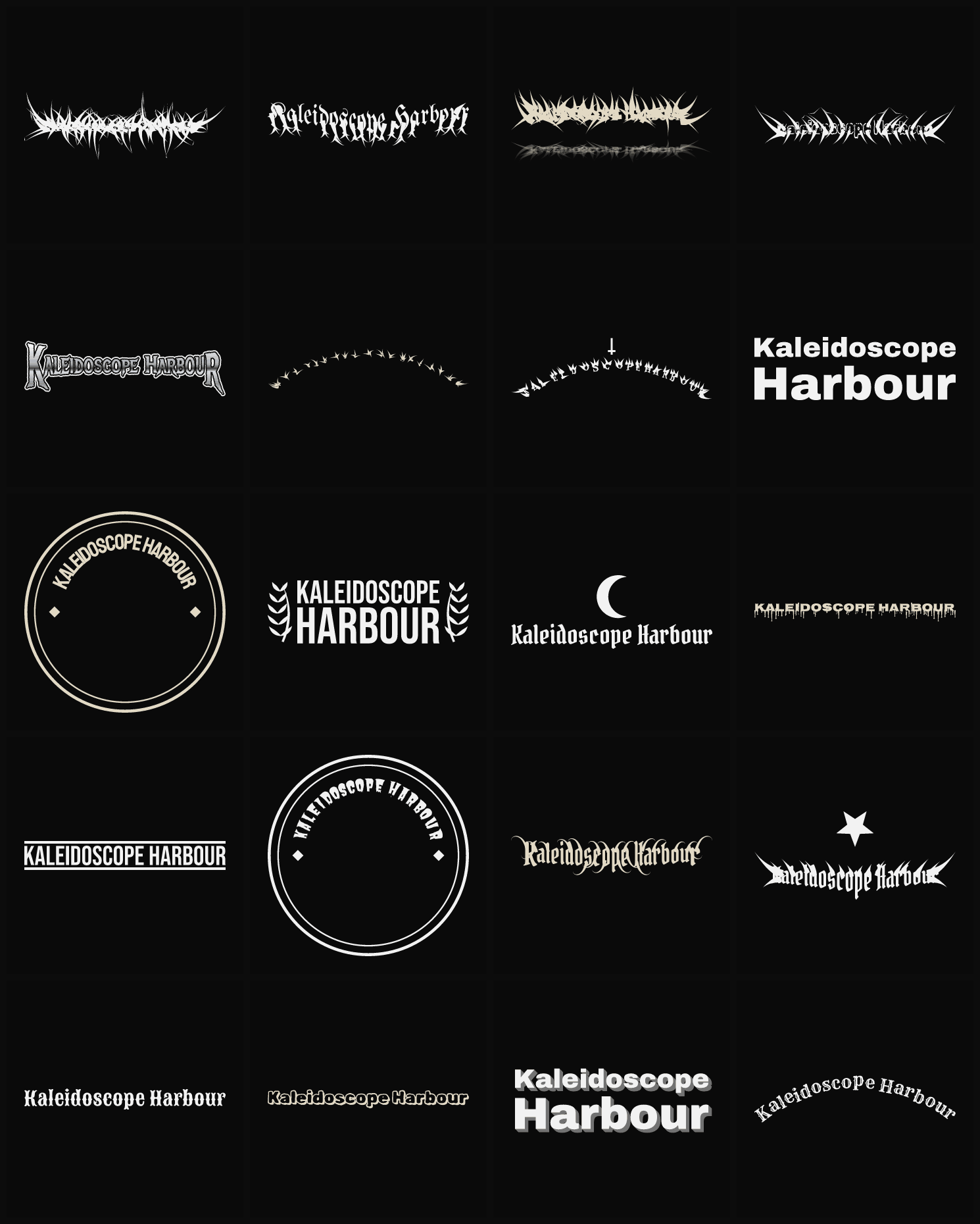 Twenty Kaleidoscope Harbour band logo ideas — different faces, treatments and spike settings