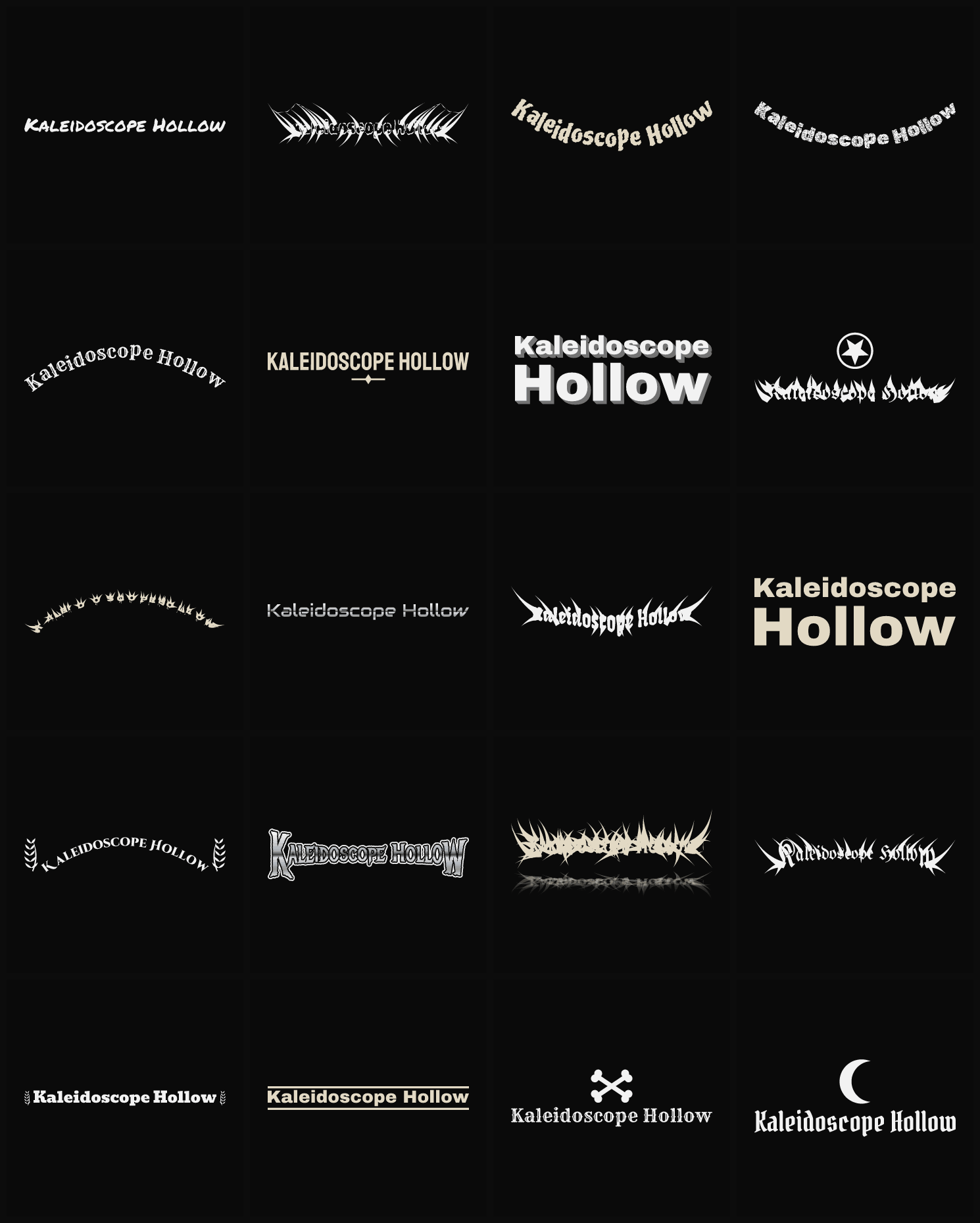 Twenty Kaleidoscope Hollow band logo ideas — different faces, treatments and spike settings