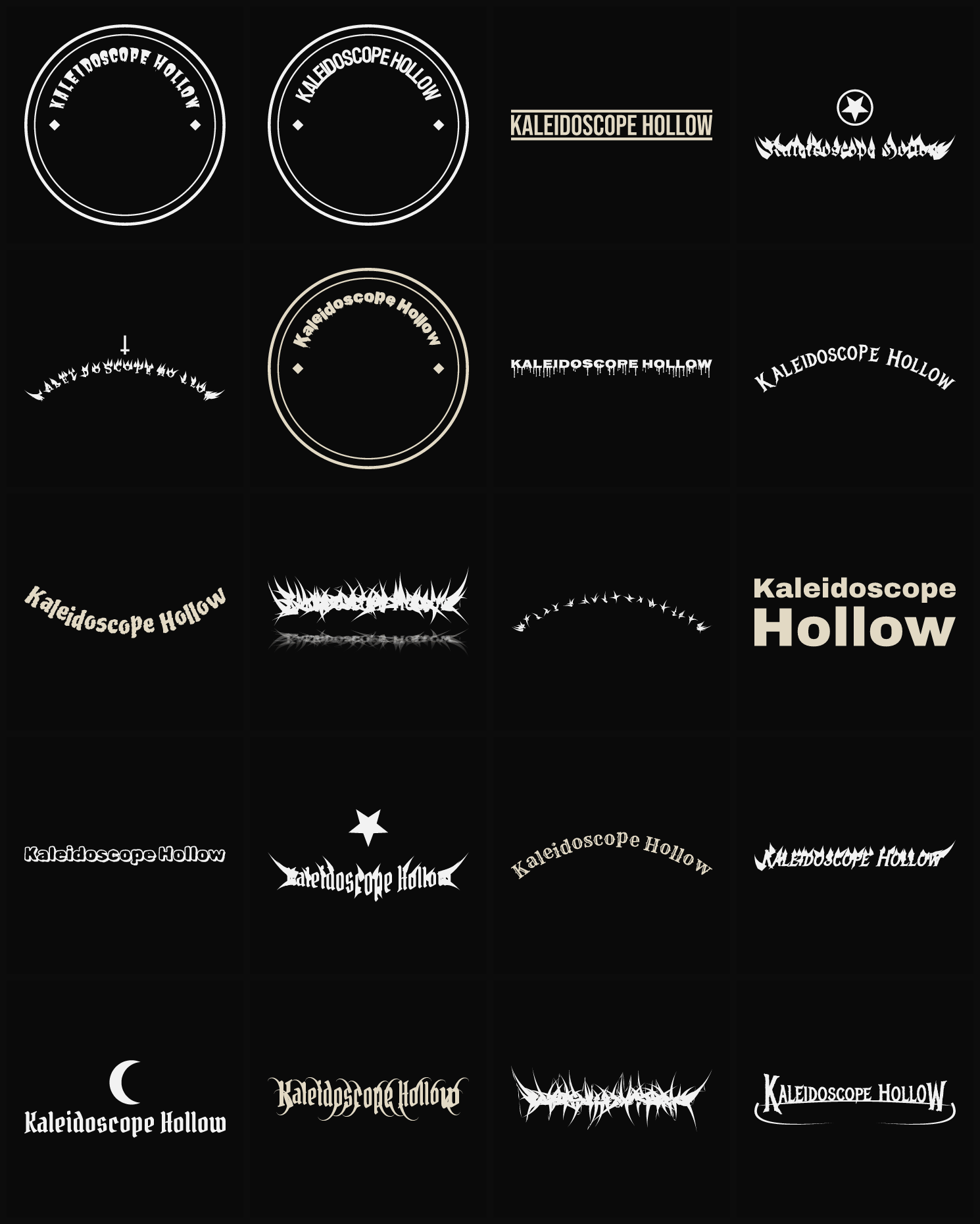 Twenty Kaleidoscope Hollow band logo ideas — different faces, treatments and spike settings