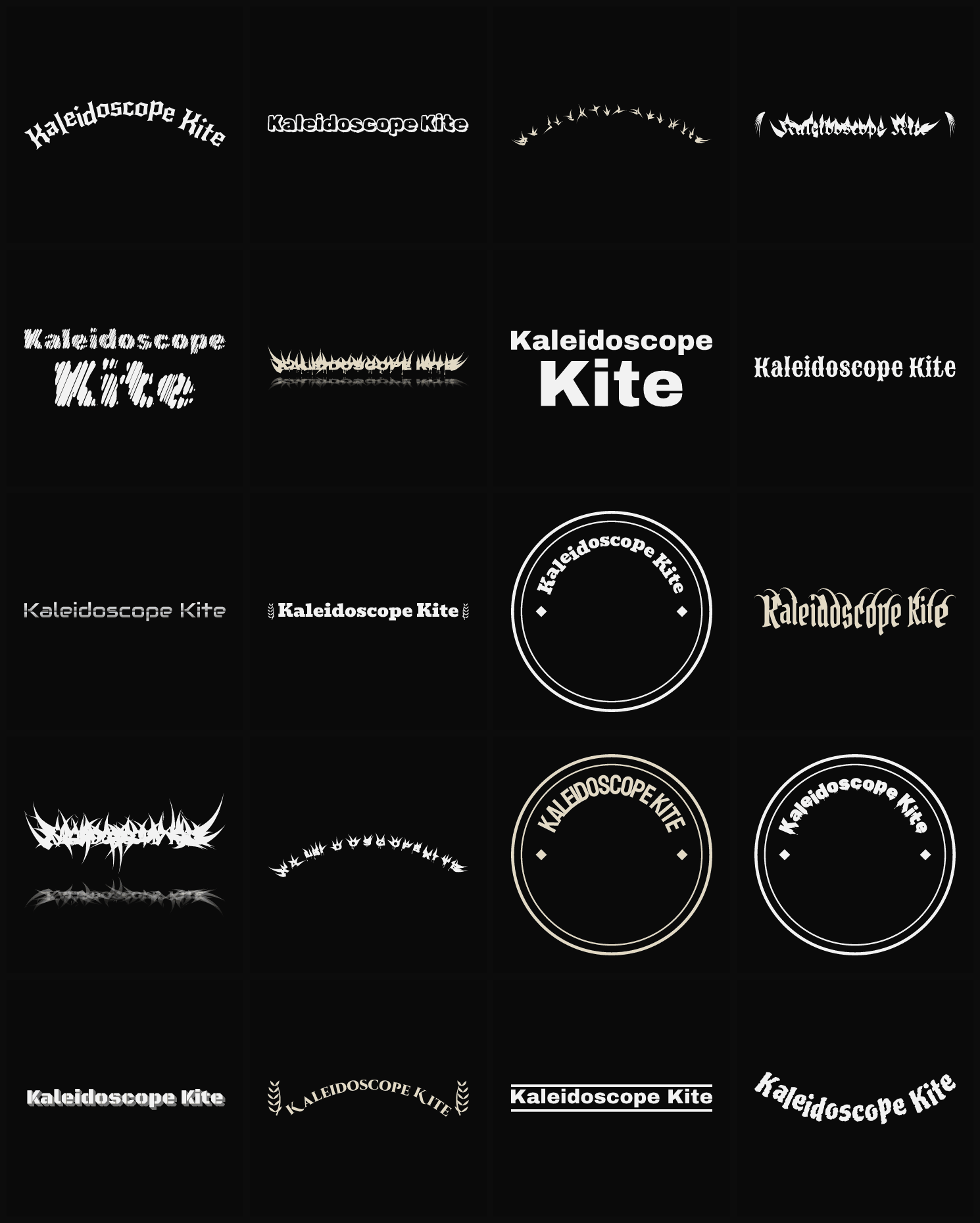Twenty Kaleidoscope Kite band logo ideas — different faces, treatments and spike settings