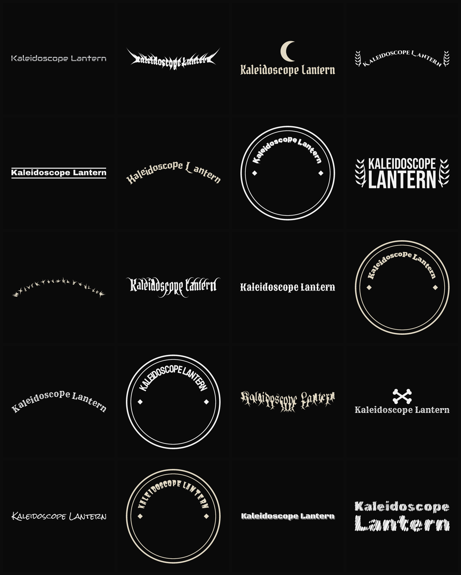 Twenty Kaleidoscope Lantern band logo ideas — different faces, treatments and spike settings