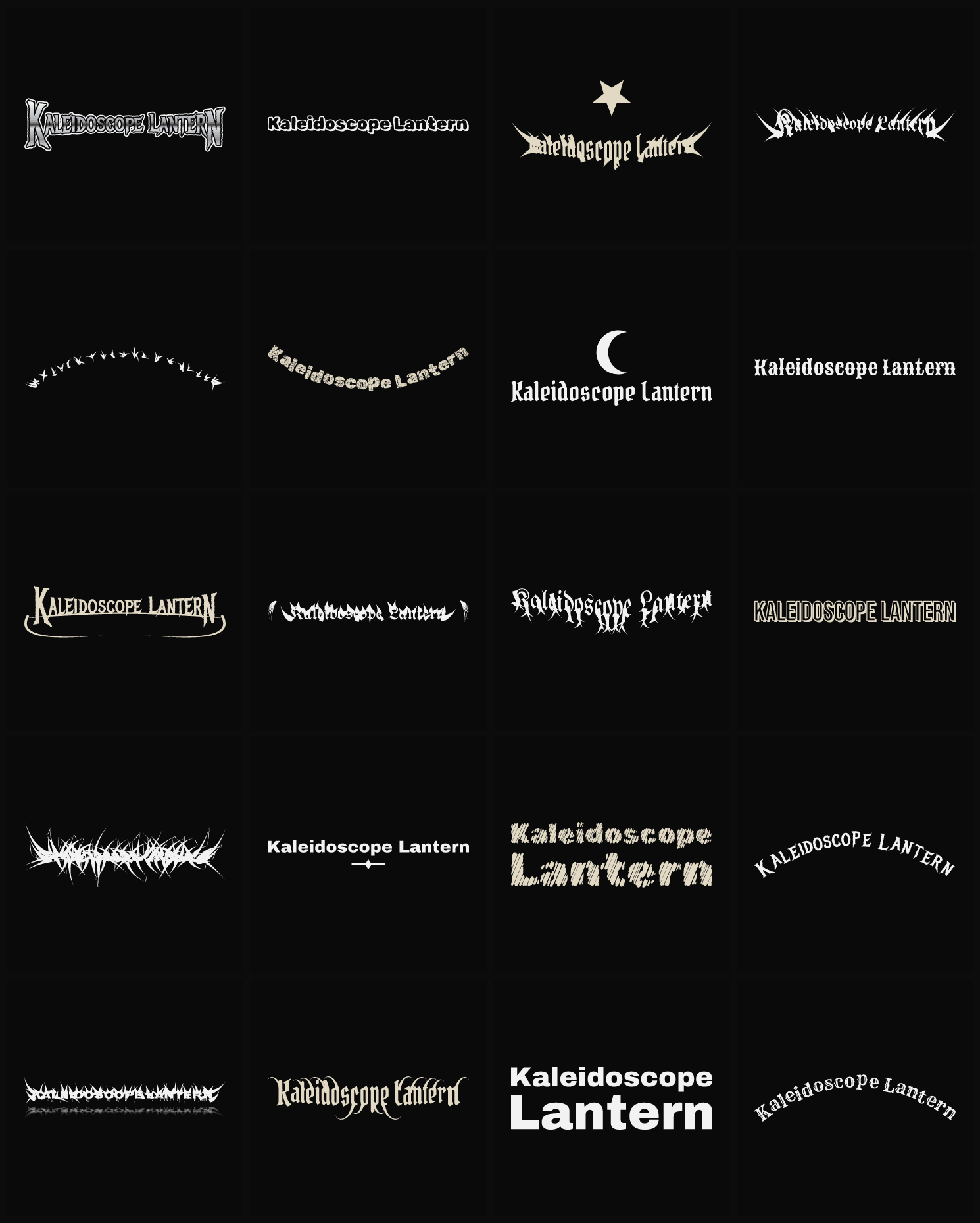 Twenty Kaleidoscope Lantern band logo ideas — different faces, treatments and spike settings