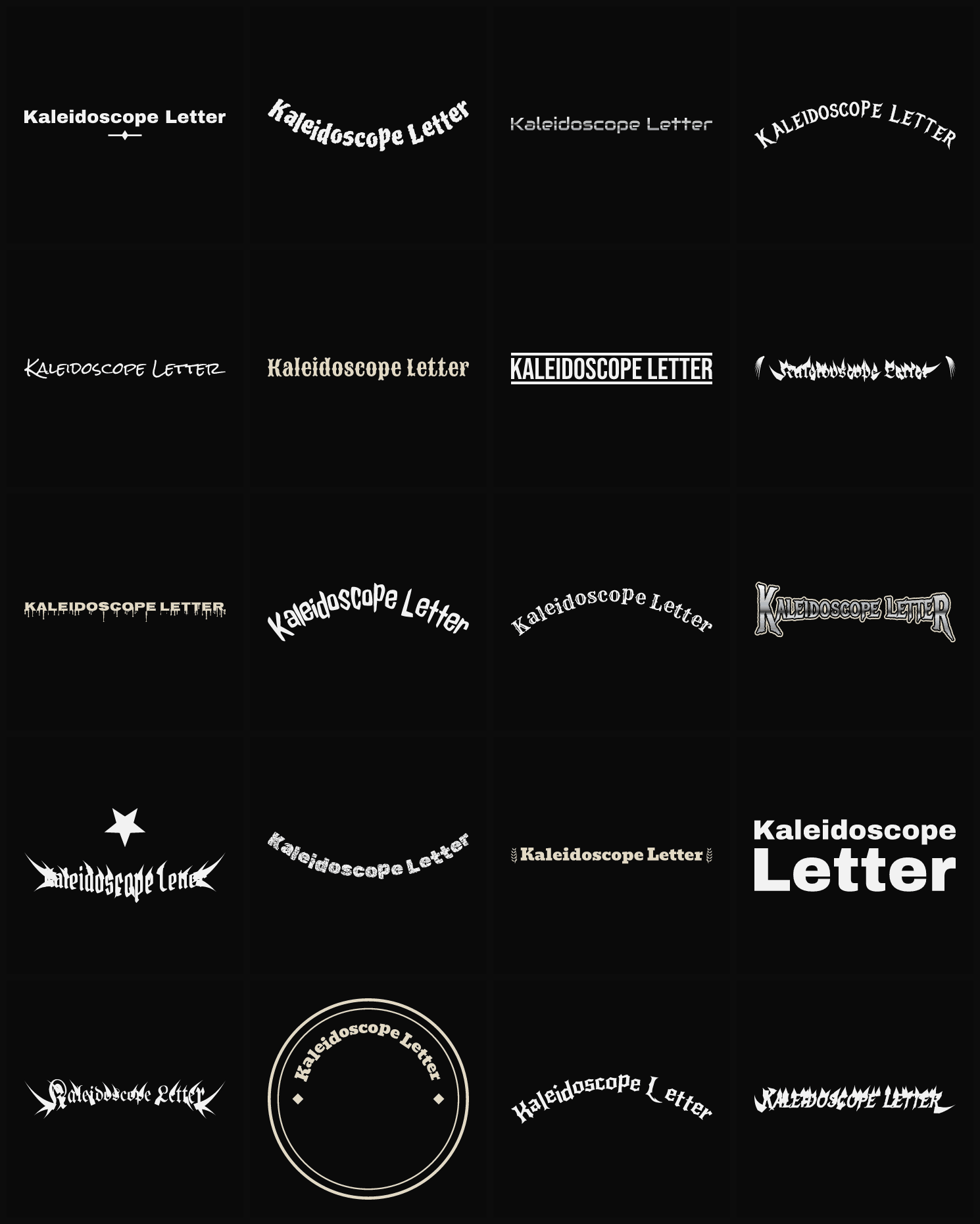 Twenty Kaleidoscope Letter band logo ideas — different faces, treatments and spike settings