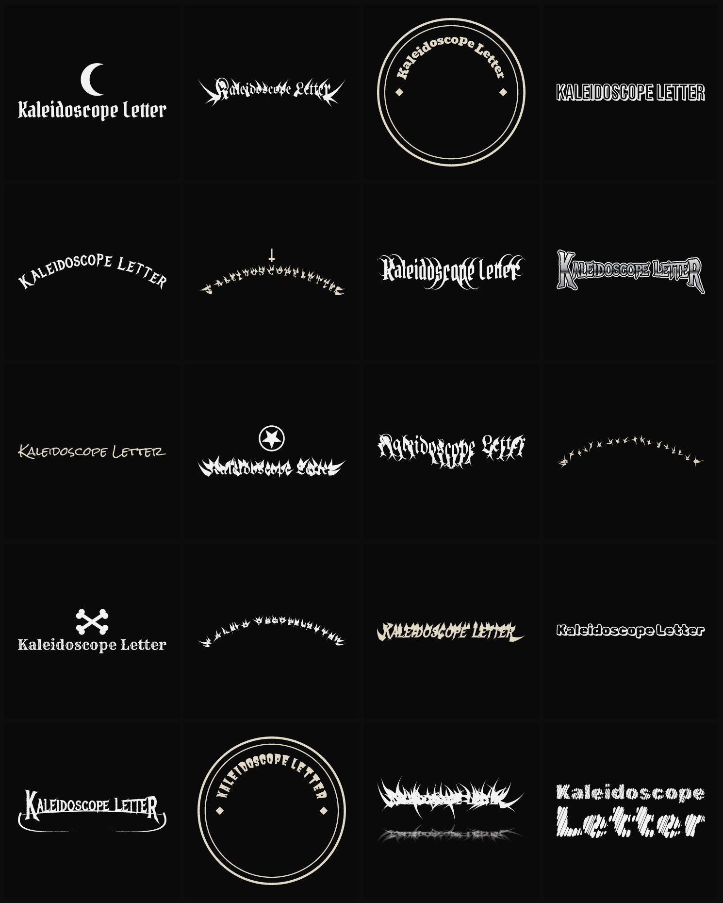 Twenty Kaleidoscope Letter band logo ideas — different faces, treatments and spike settings