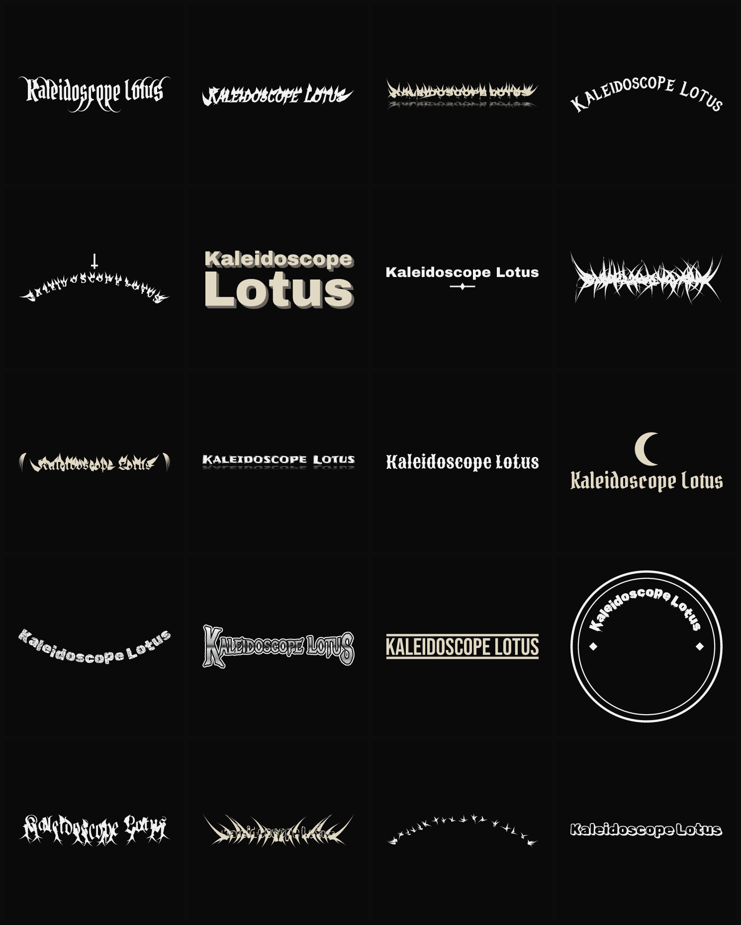 Twenty Kaleidoscope Lotus band logo ideas — different faces, treatments and spike settings