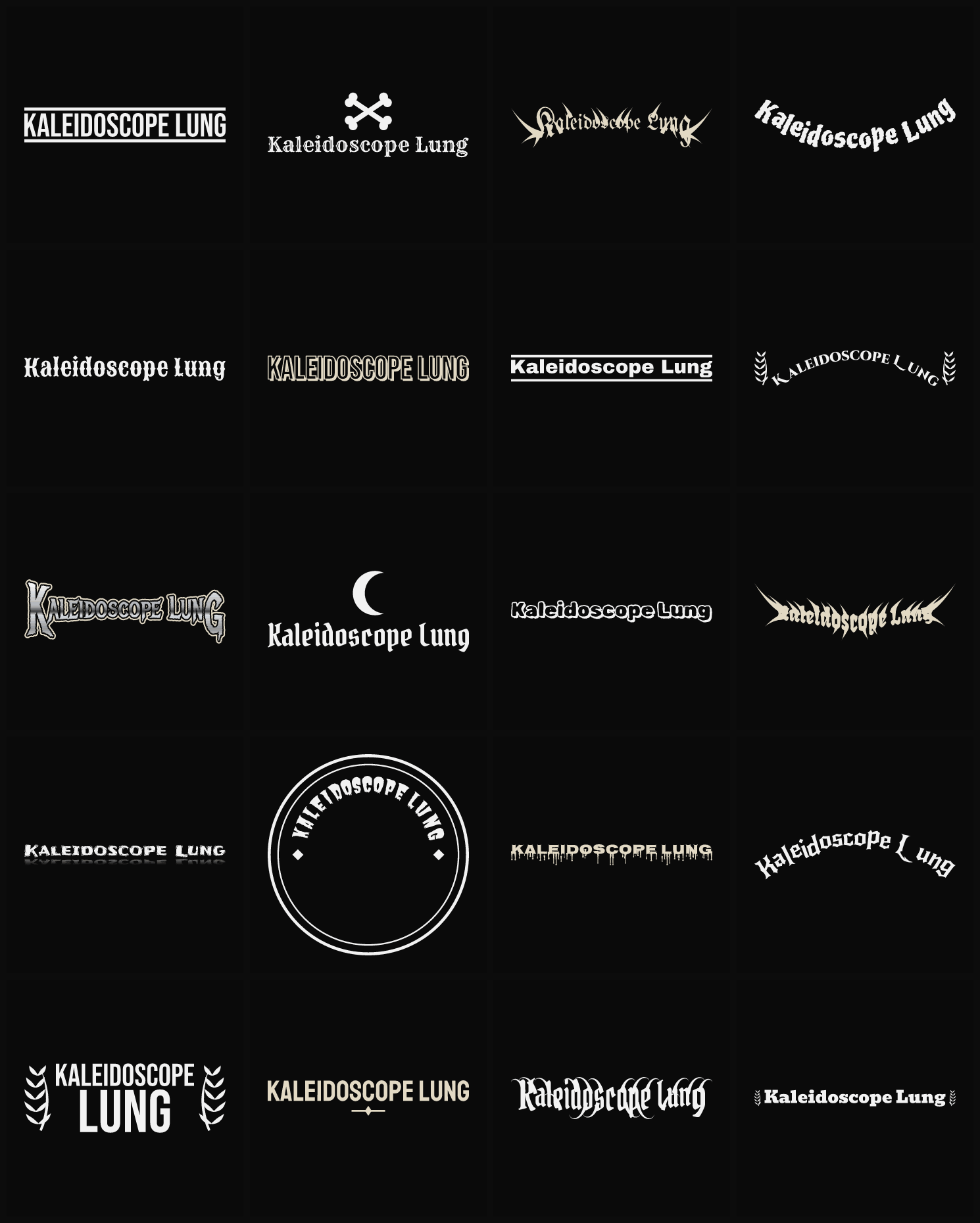 Twenty Kaleidoscope Lung band logo ideas — different faces, treatments and spike settings
