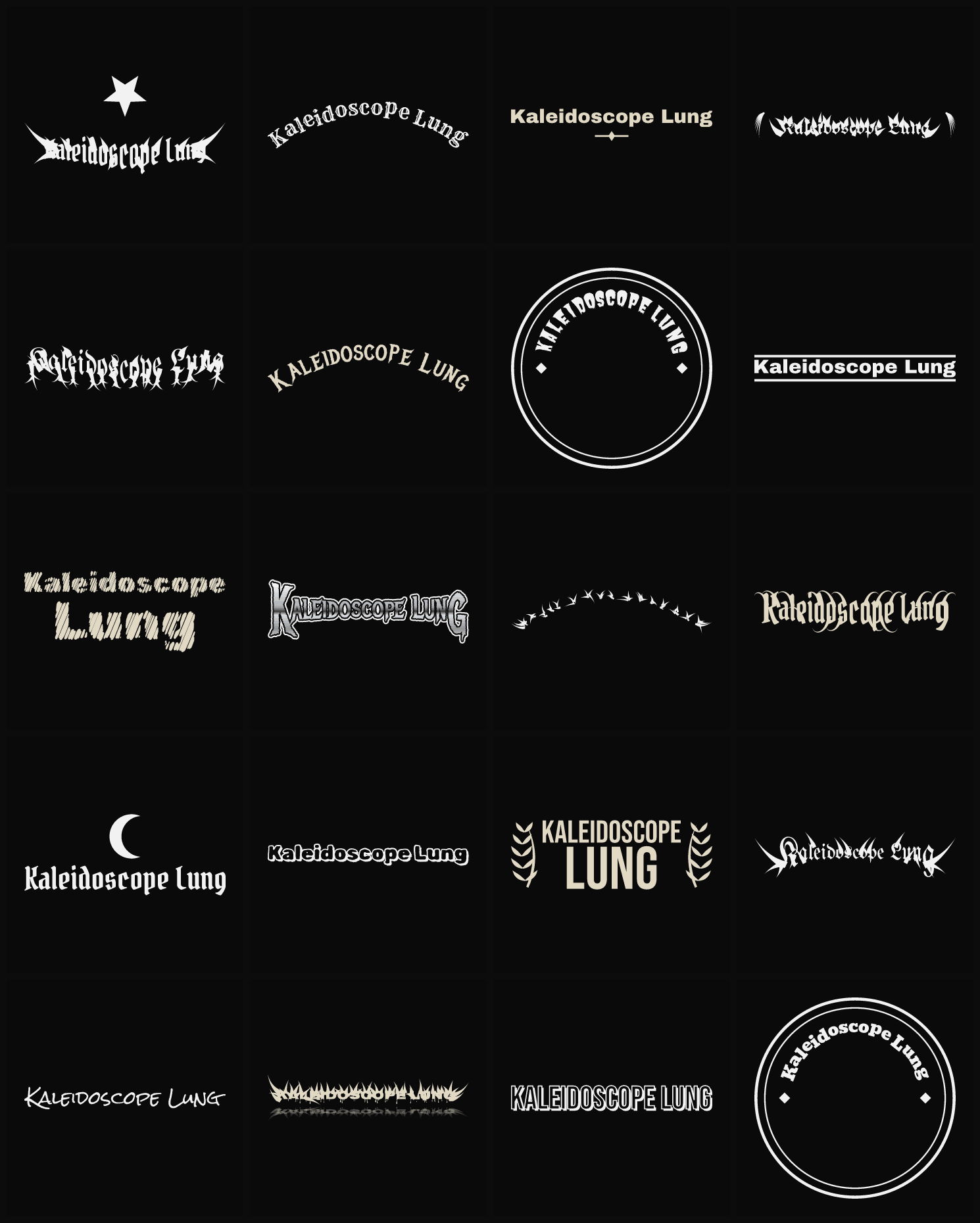 Twenty Kaleidoscope Lung band logo ideas — different faces, treatments and spike settings