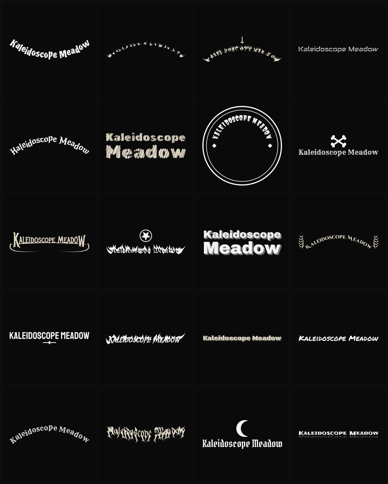 Twenty Kaleidoscope Meadow band logo ideas — different faces, treatments and spike settings