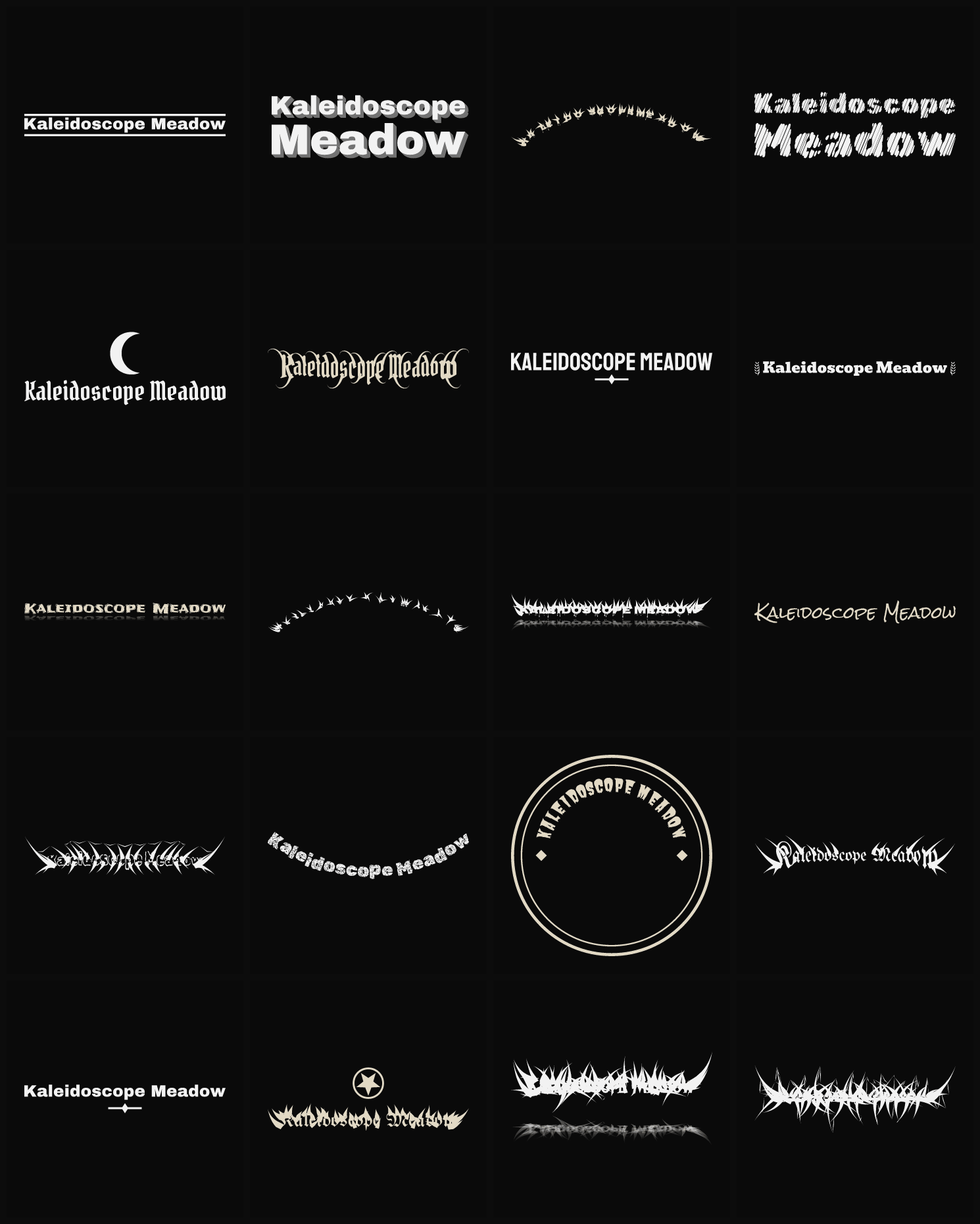 Twenty Kaleidoscope Meadow band logo ideas — different faces, treatments and spike settings
