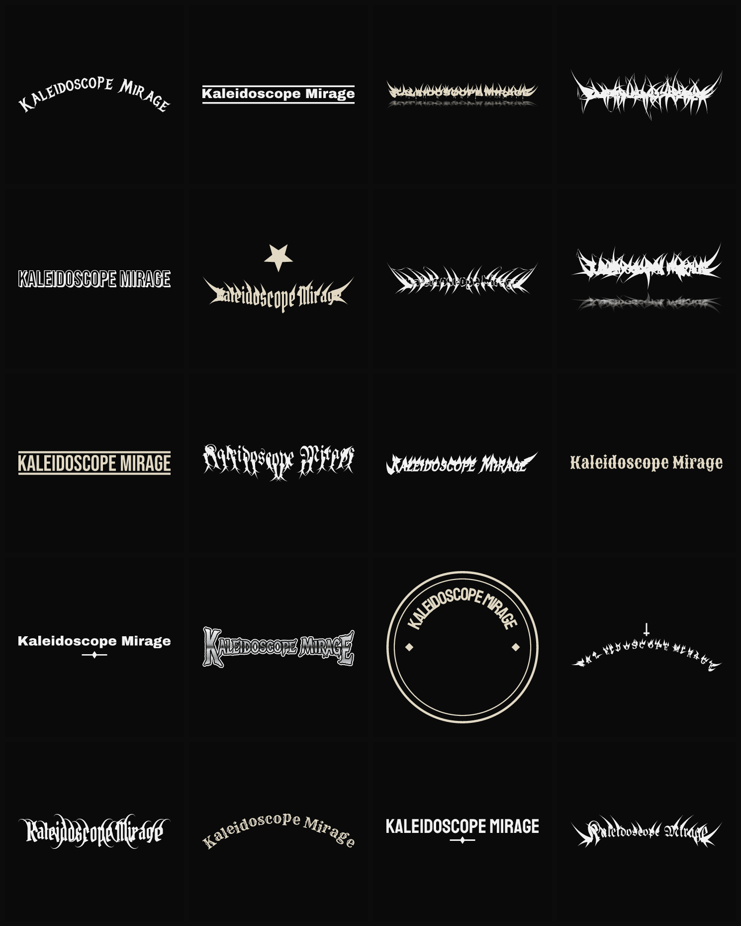 Twenty Kaleidoscope Mirage band logo ideas — different faces, treatments and spike settings