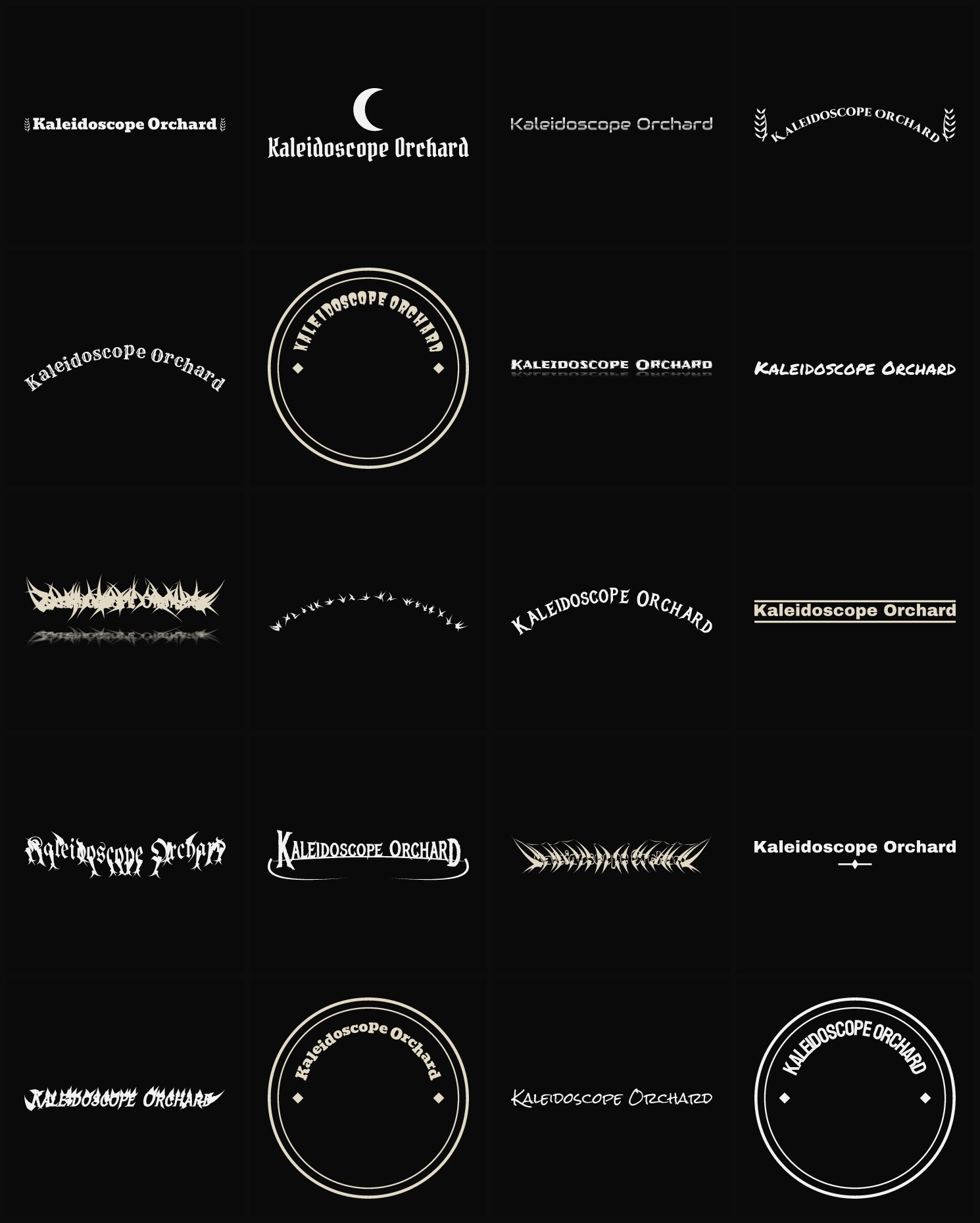 Twenty Kaleidoscope Orchard band logo ideas — different faces, treatments and spike settings
