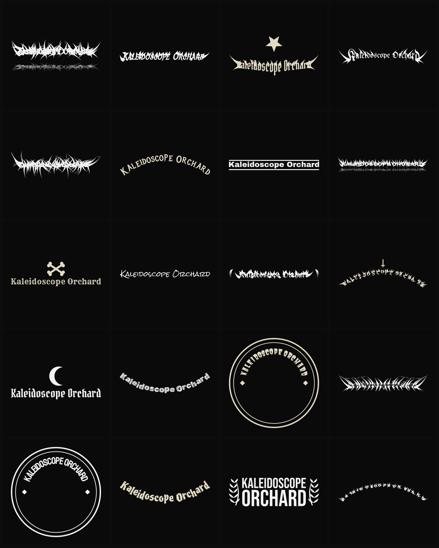 Twenty Kaleidoscope Orchard band logo ideas — different faces, treatments and spike settings
