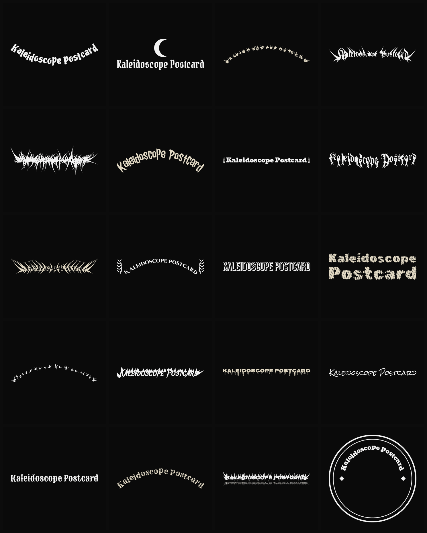 Twenty Kaleidoscope Postcard band logo ideas — different faces, treatments and spike settings