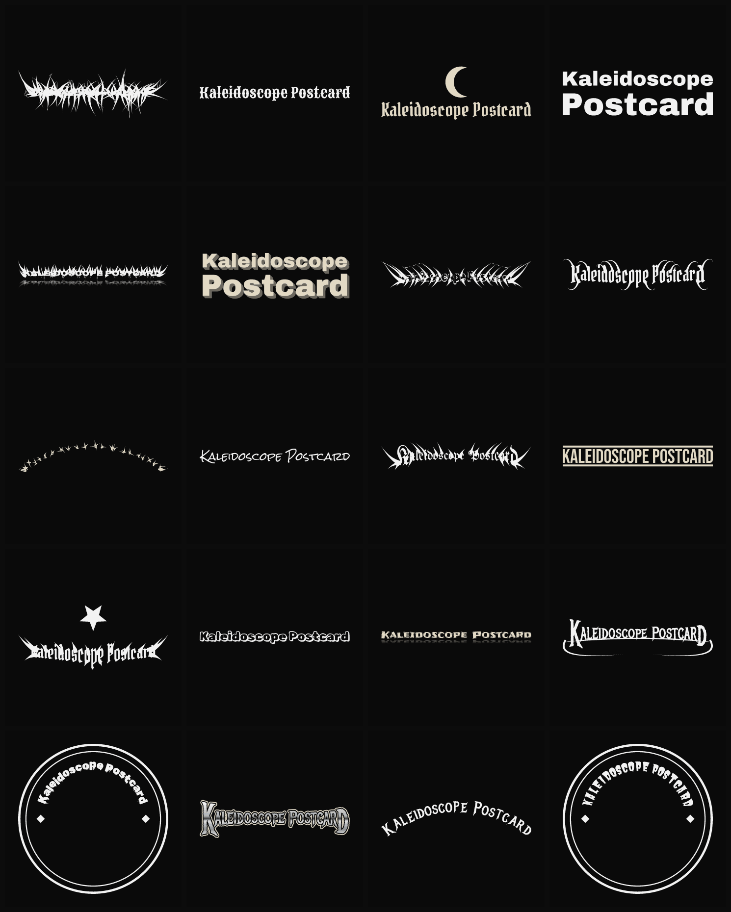 Twenty Kaleidoscope Postcard band logo ideas — different faces, treatments and spike settings